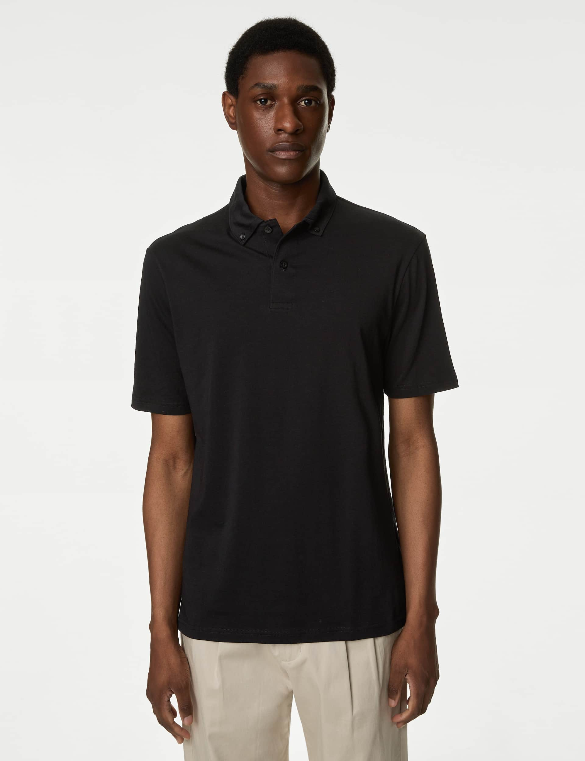 M&S Men's Pure Cotton Jersey Polo Shirt - LREG - Black, Black,Navy,White,Light Airforce