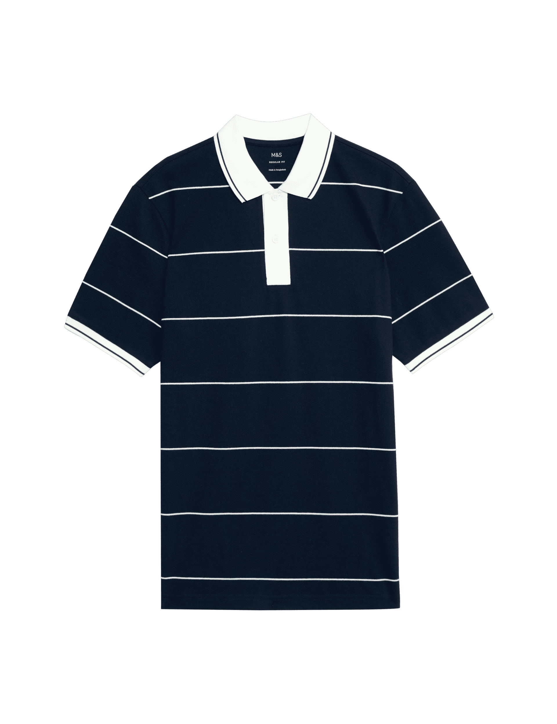 M&S Collection Men's Pure Cotton Pique Striped Polo Shirt - LREG - Dark Navy, Ivory,Dark Navy