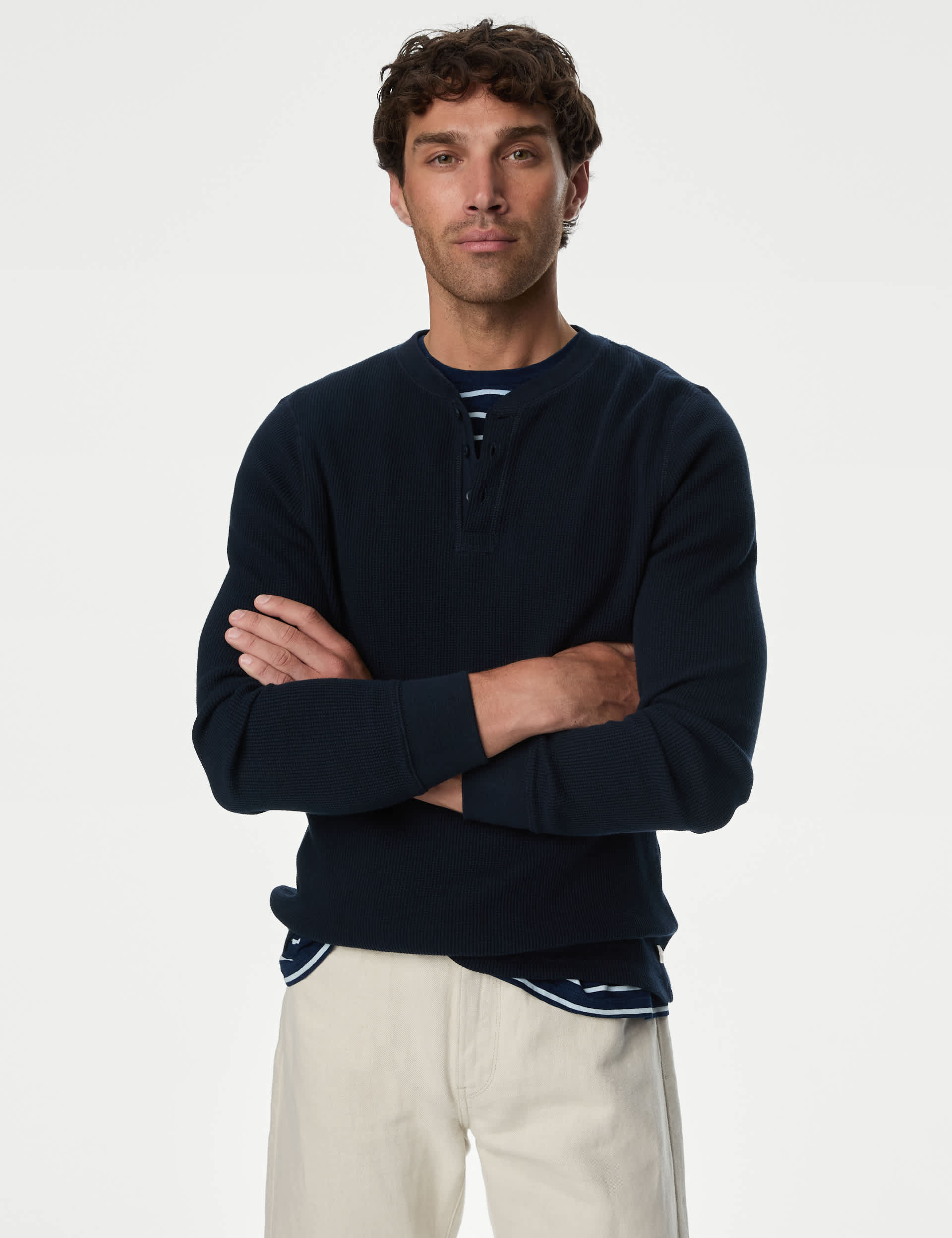 M&S Men's Pure Cotton Henley Waffle Long Sleeve Top