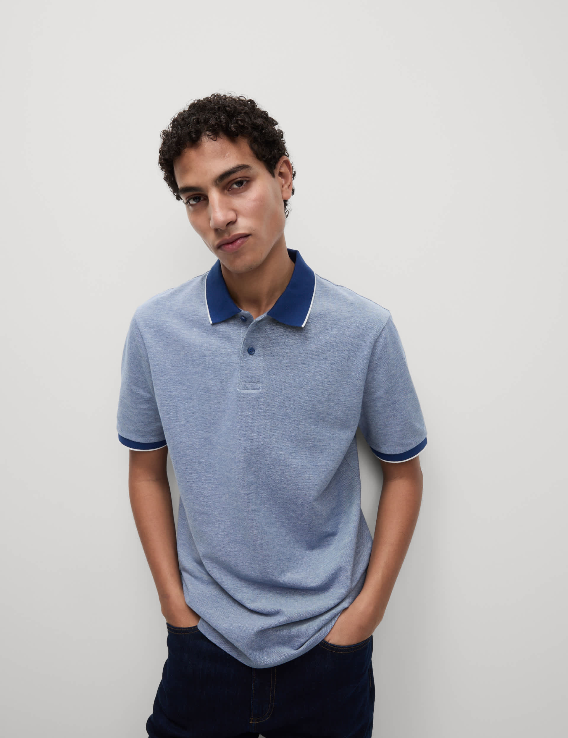 M&S Collection Men's The Ultimate Tipped Pique Polo Shirt - LREG - Dark Marine, Green Mix,Navy Mix,Dark Marine