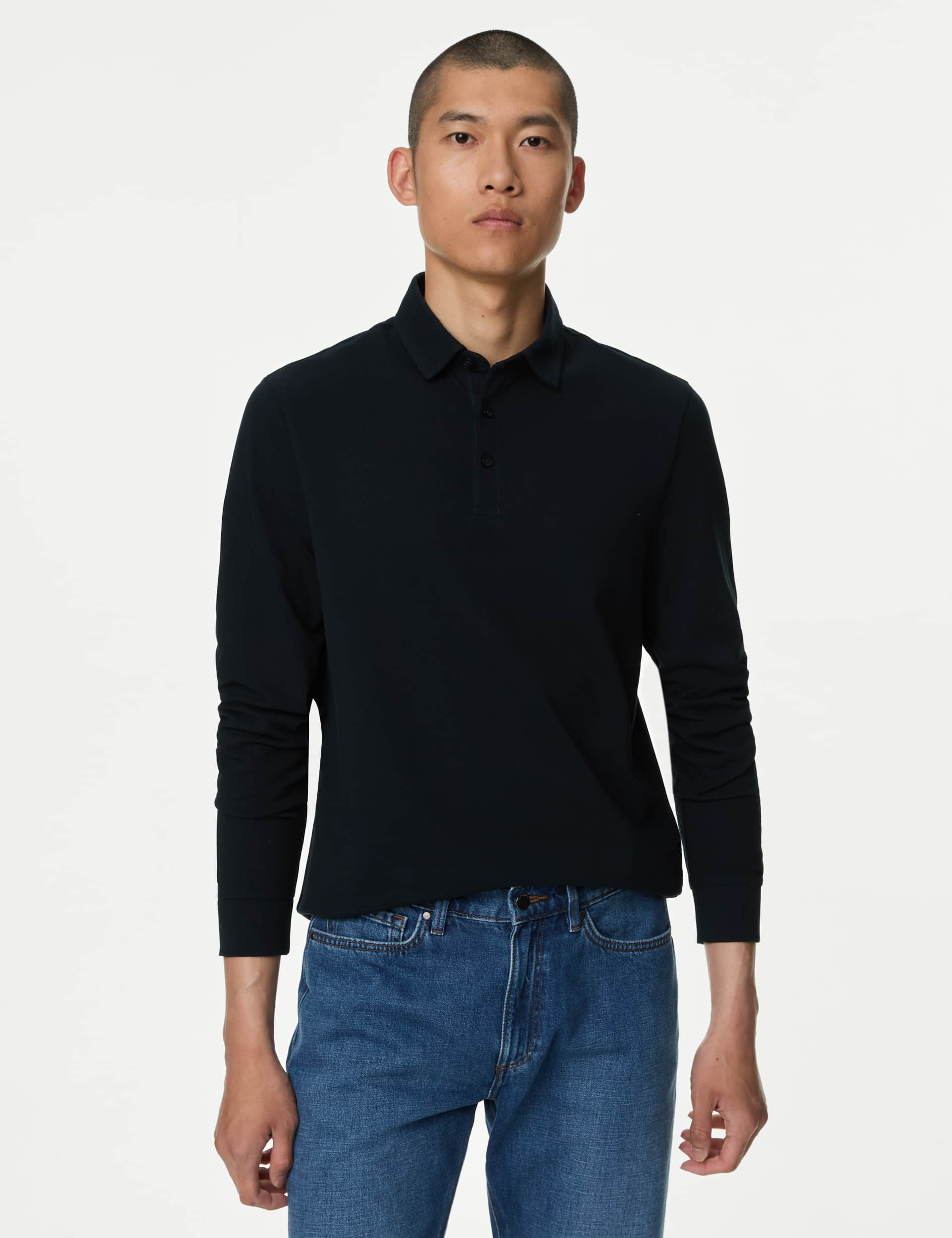 M&S Men's Pure Cotton Long Sleeve Polo Shirt - XLREG - Dark Navy, Dark Navy,Onyx,White,Dark Kingfish