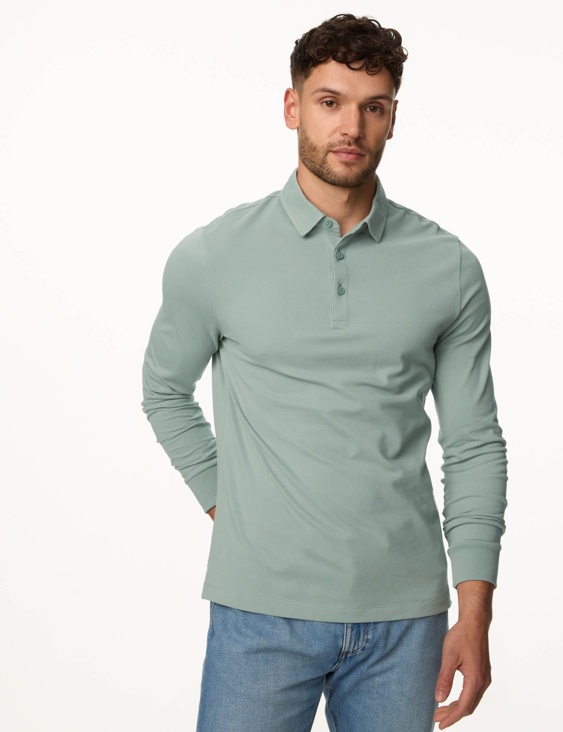 M&S Men's Pure Cotton Long Sleeve Polo Shirt - LREG - Washed Green, Washed Green,Dark Navy,Dark King