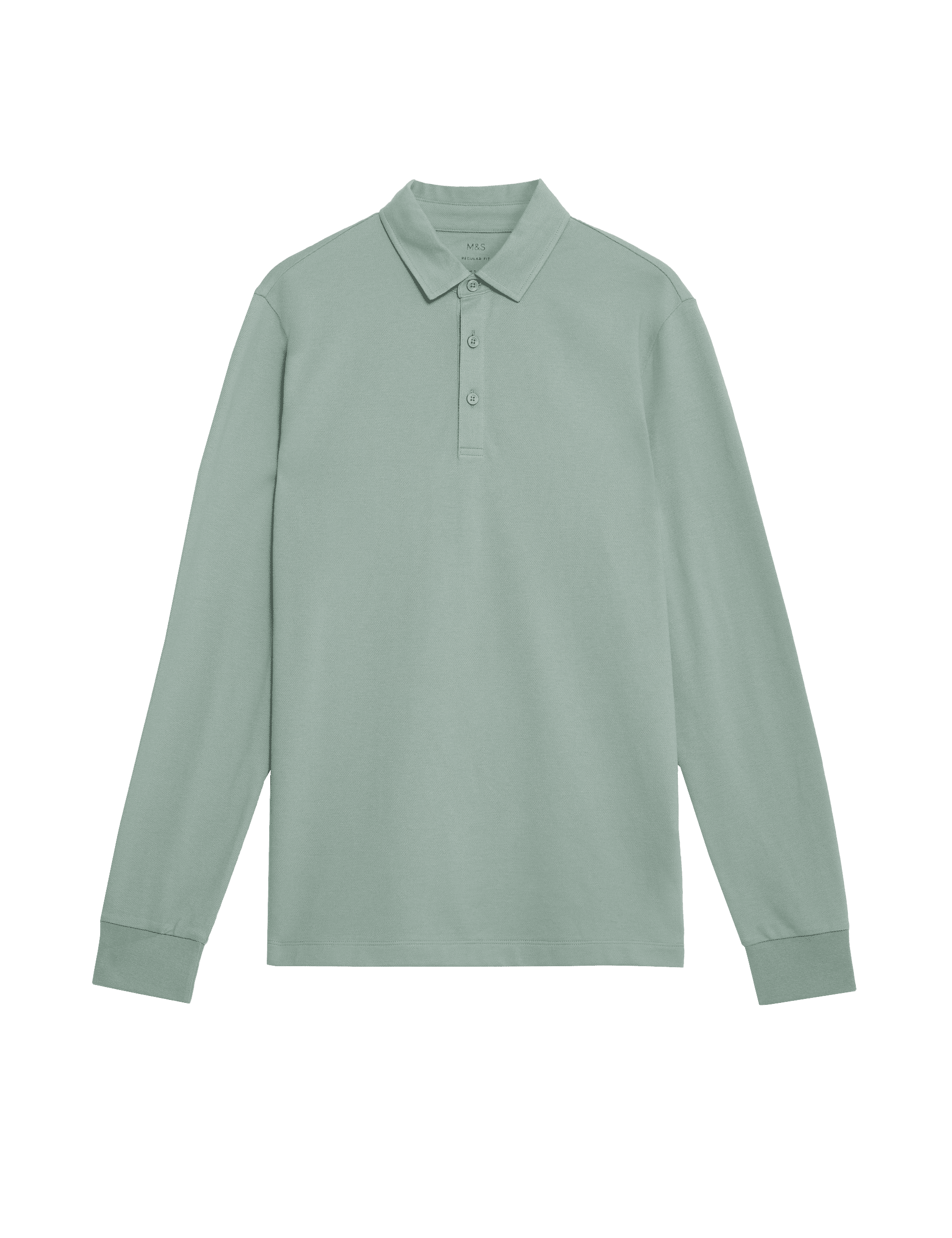 M&S Collection Men's Pure Cotton Long Sleeve Polo Shirt - XLREG - Washed Green, Dark Kingfisher,Wash