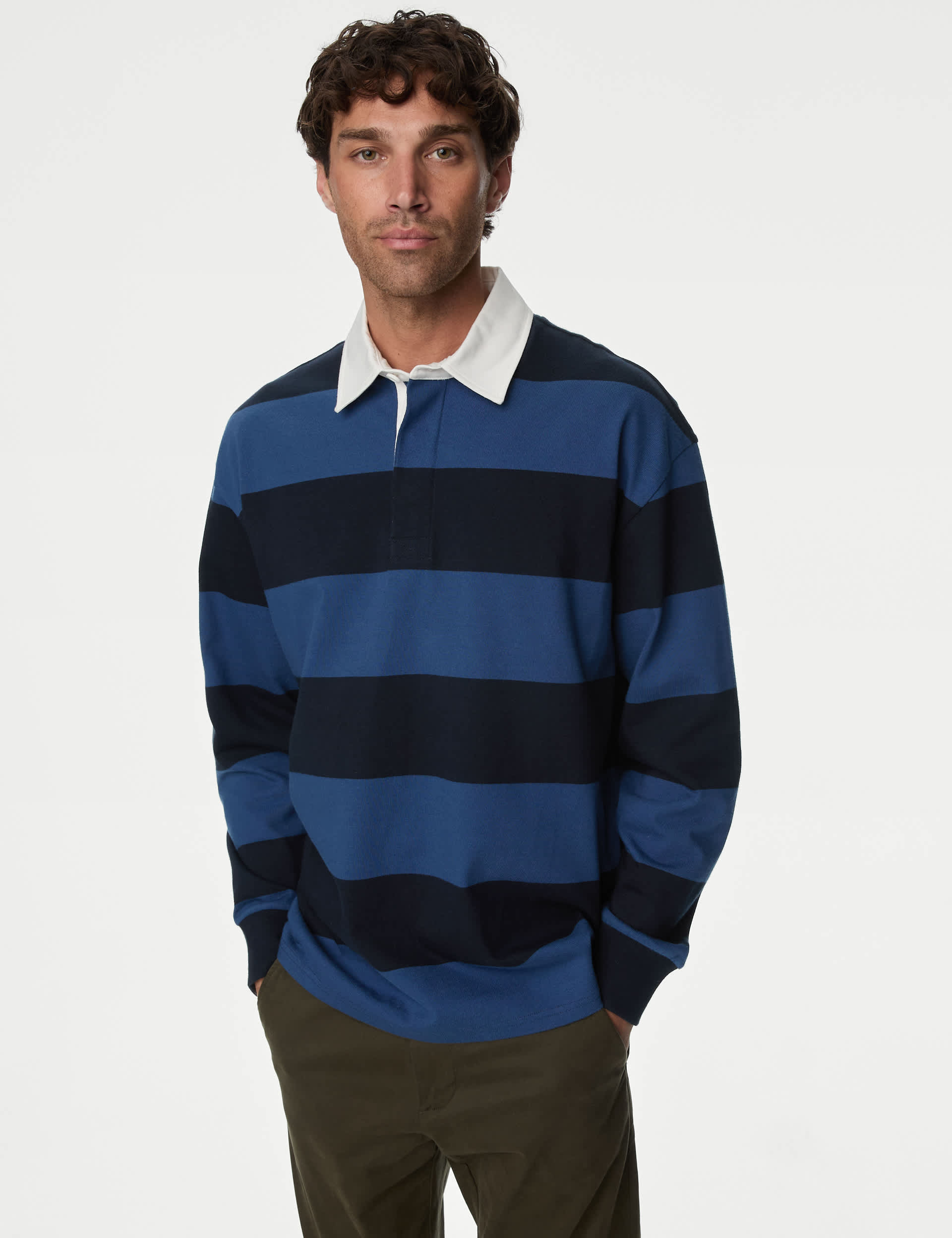 M&S Men's Pure Cotton Striped Rugby Top - LREG - Dark Navy Mix, Dark Navy Mix,Green Mix