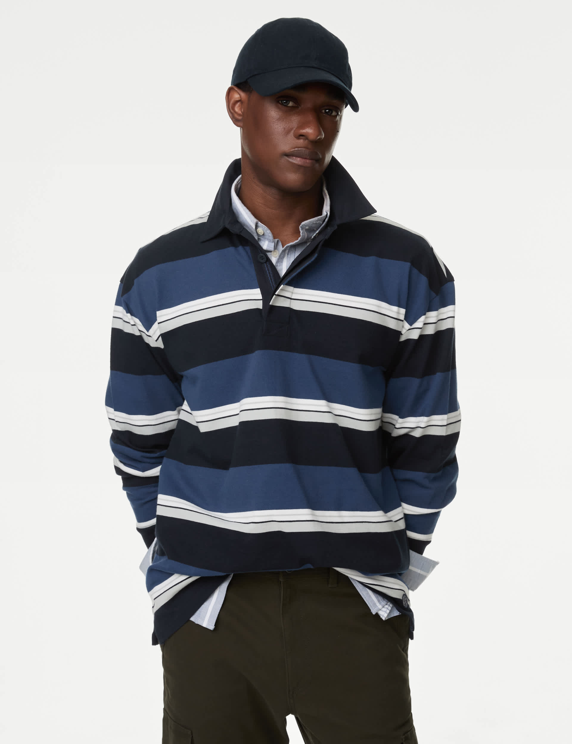 M&S Men's Pure Cotton Striped Rugby Top - LREG - Dark Navy Mix, Dark Navy Mix,Claret