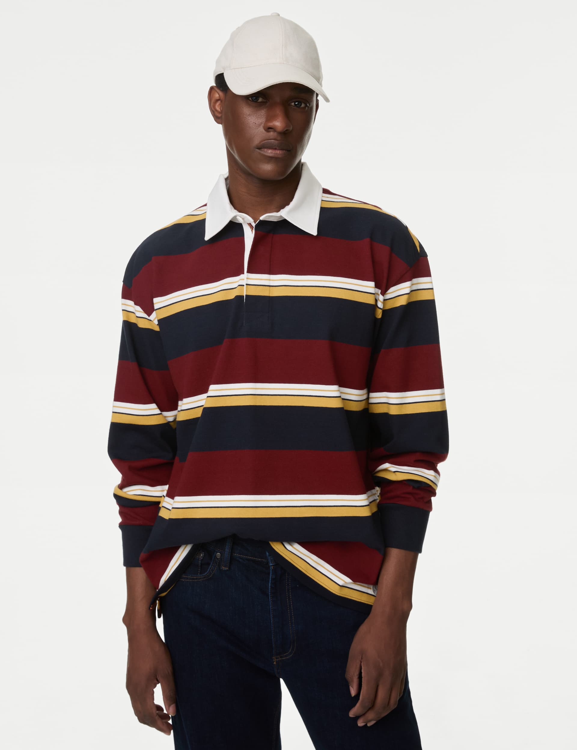 M&S Men's Pure Cotton Striped Rugby Top - LREG - Claret, Dark Navy Mix,Claret