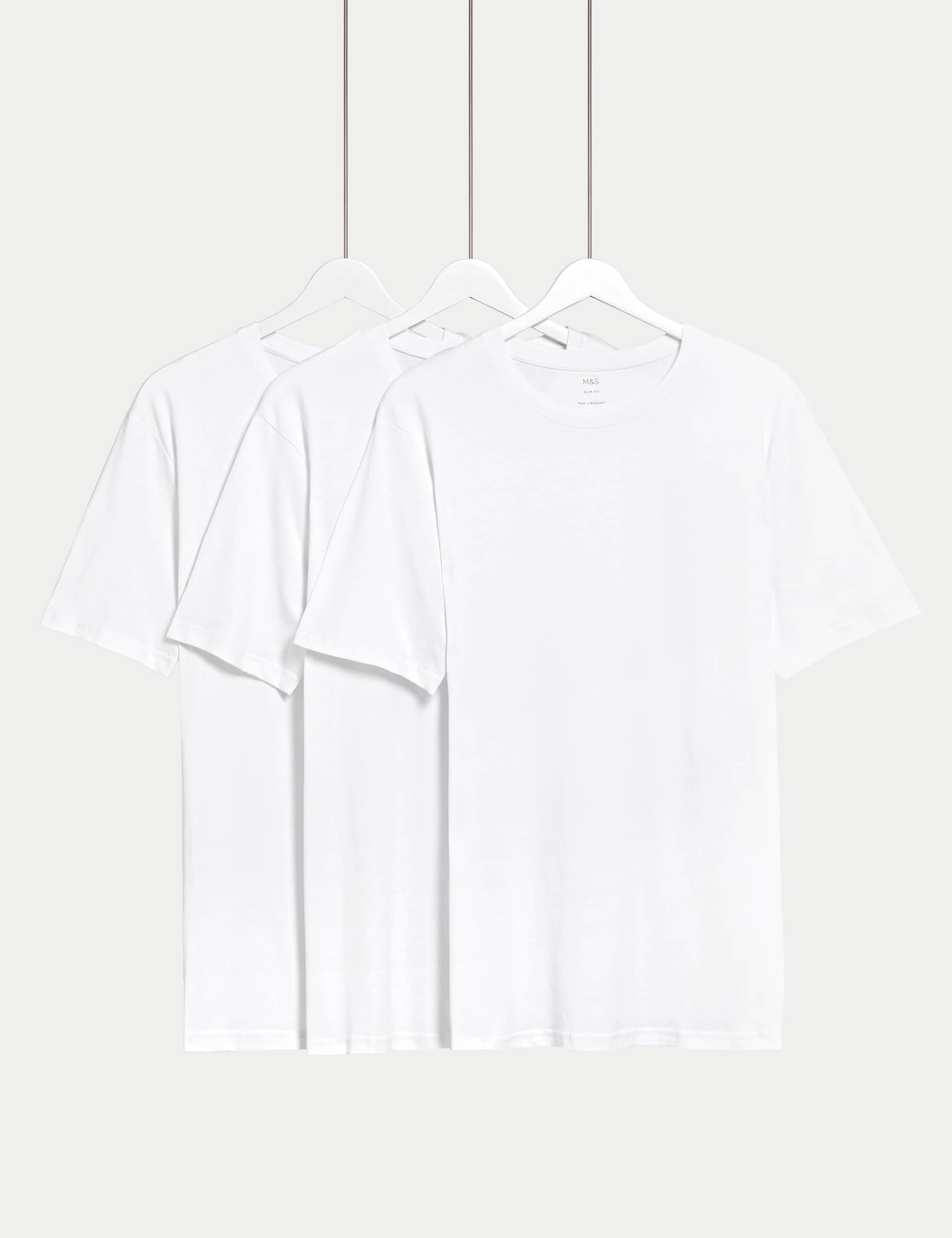 M&S Men's 3pk Slim Fit Pure Cotton Crew Neck T-Shirts - XXXLREG - White Mix, White Mix,Navy Mix