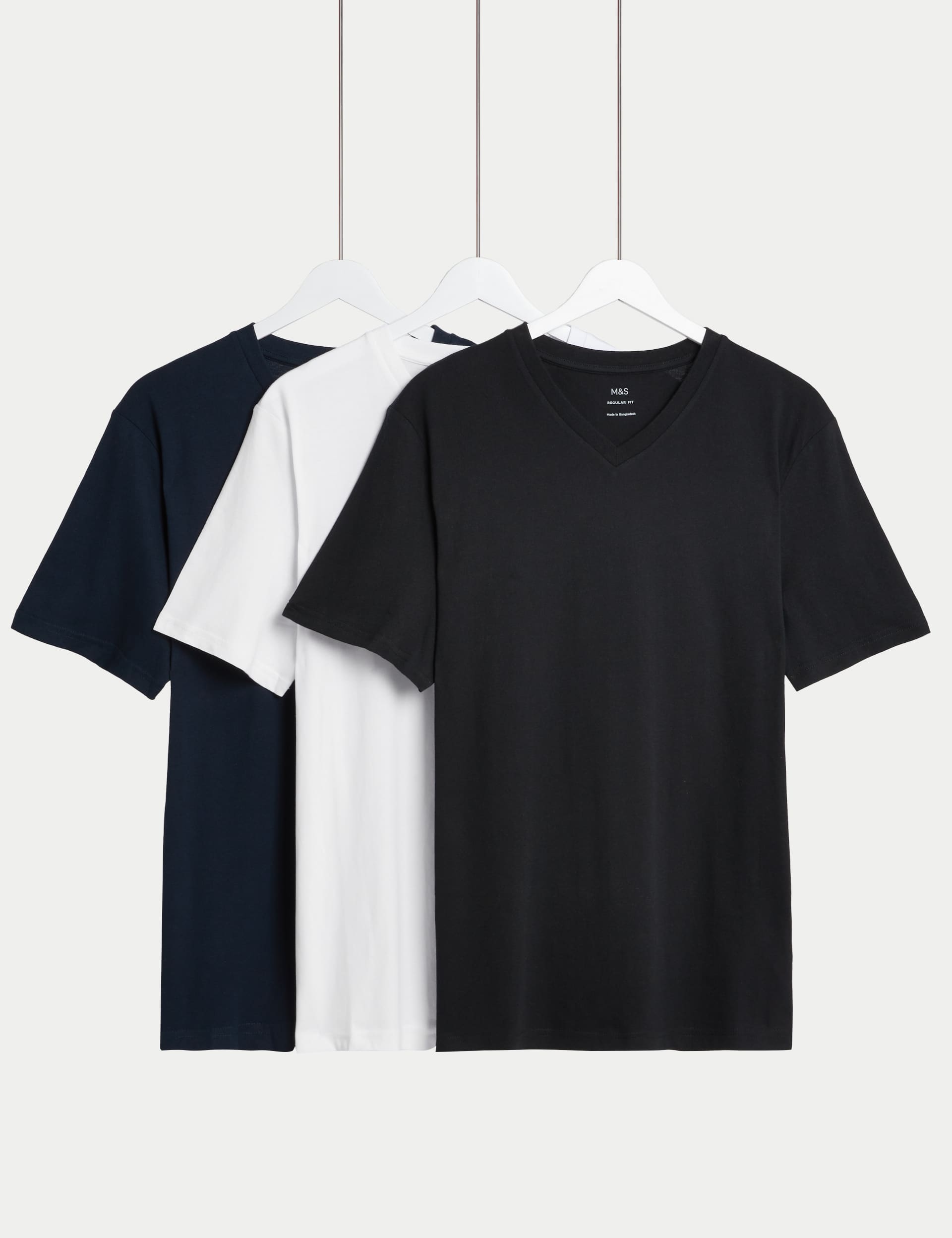 M&S Collection Men's 3pk Pure Cotton V-Neck T-Shirts - SREG - Navy Mix, White,Navy Mix