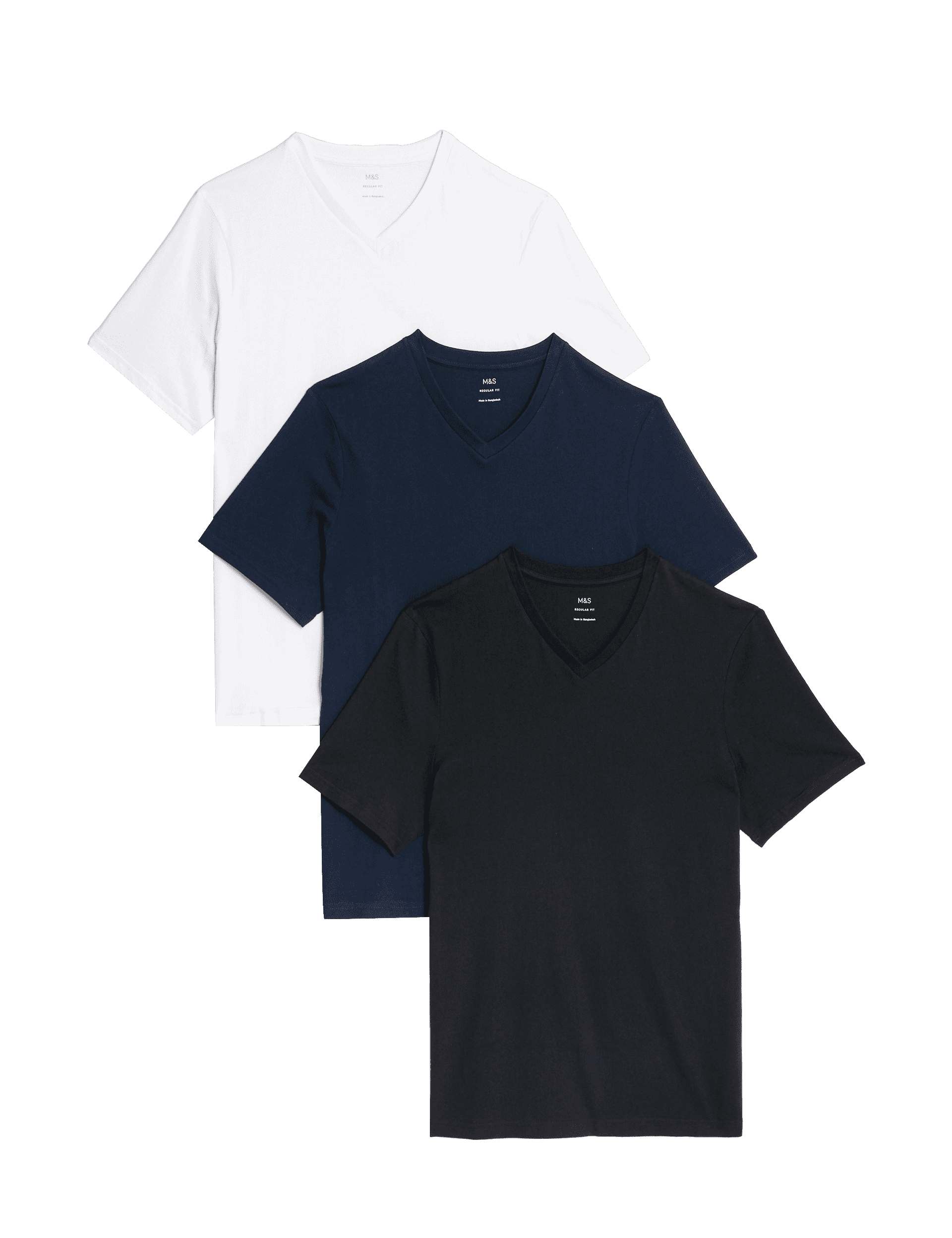 M&S Collection Men's 3pk Pure Cotton V-Neck T-Shirts - SREG - Navy Mix, White,Navy Mix