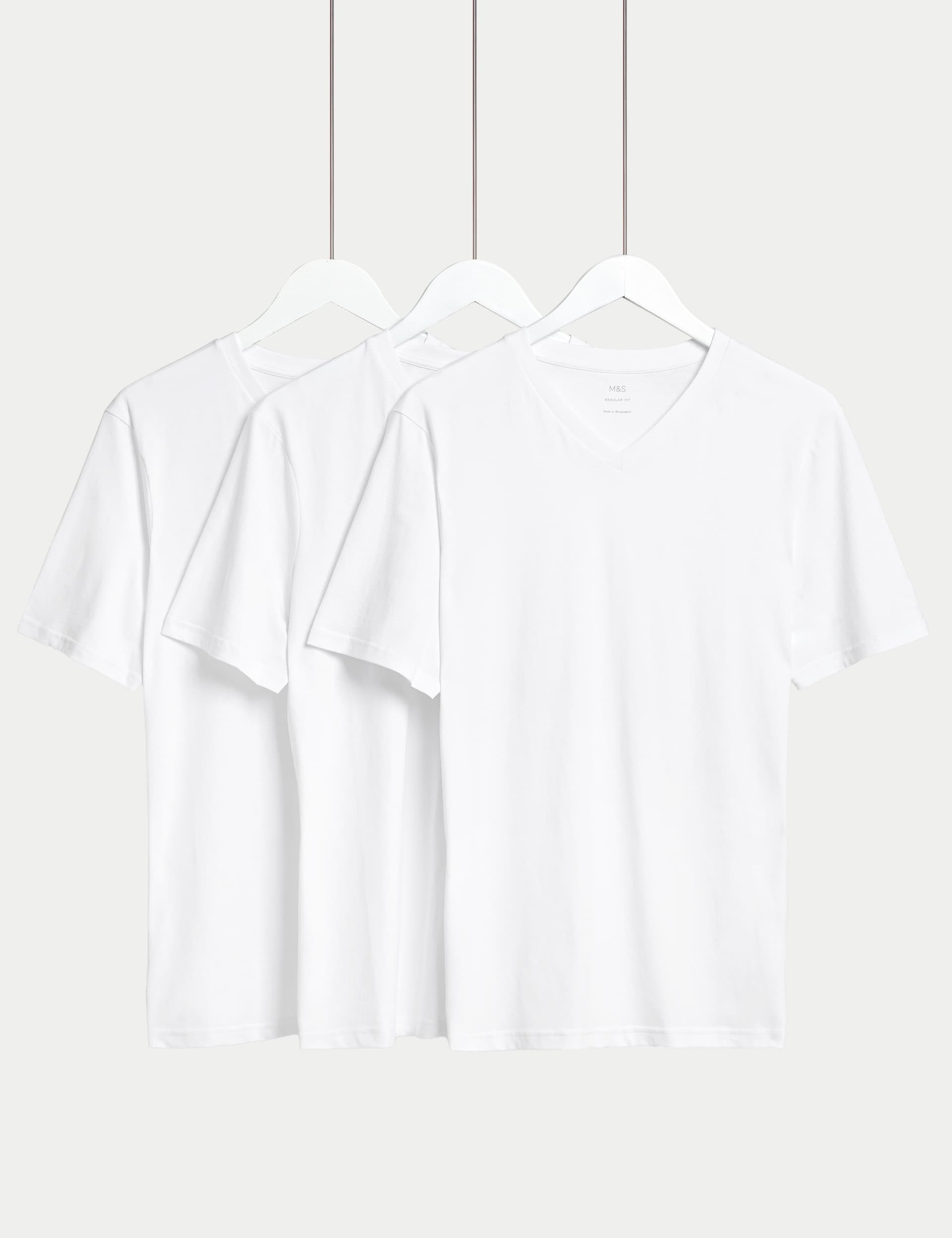 M&S Men's 3pk Pure Cotton V-Neck T-Shirts - MREG - White, Navy Mix,White