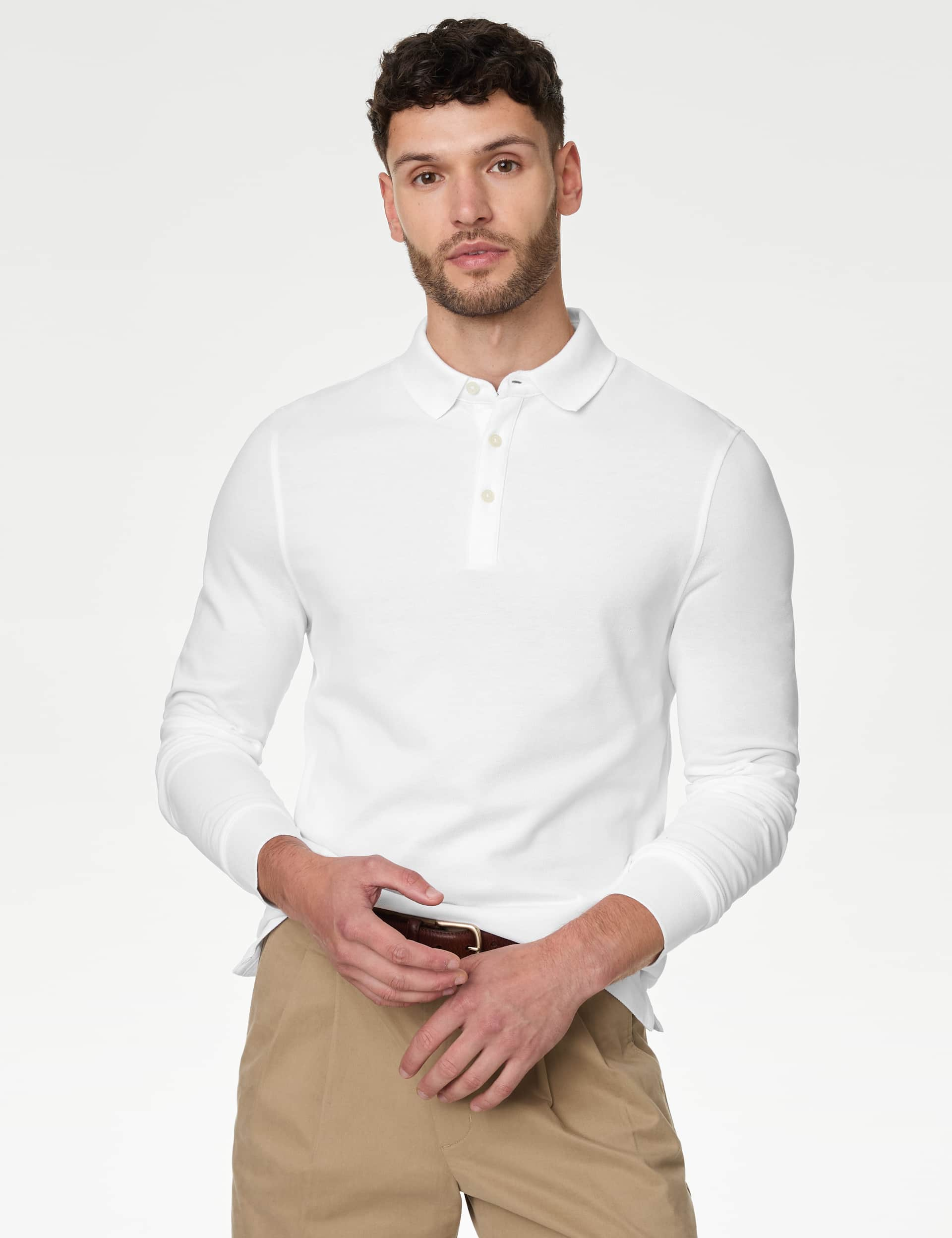 M&S Collection Men's 2 Pack Pure Cotton Long Sleeve Polo Shirts - LREG - White Mix, White Mix,Pale B