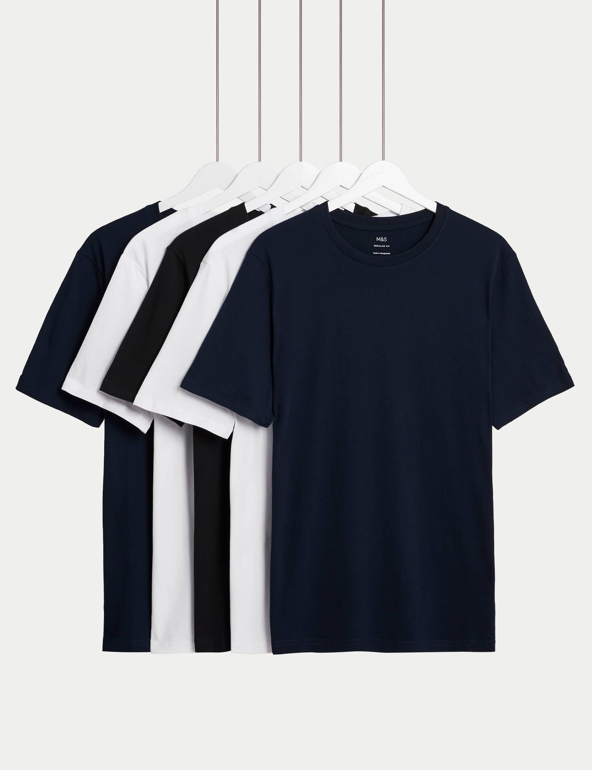 M&S Men's 5pk Pure Cotton Crew Neck T-Shirts - LREG - Navy Mix, Navy Mix,Colour Mix,Denim Mix,White