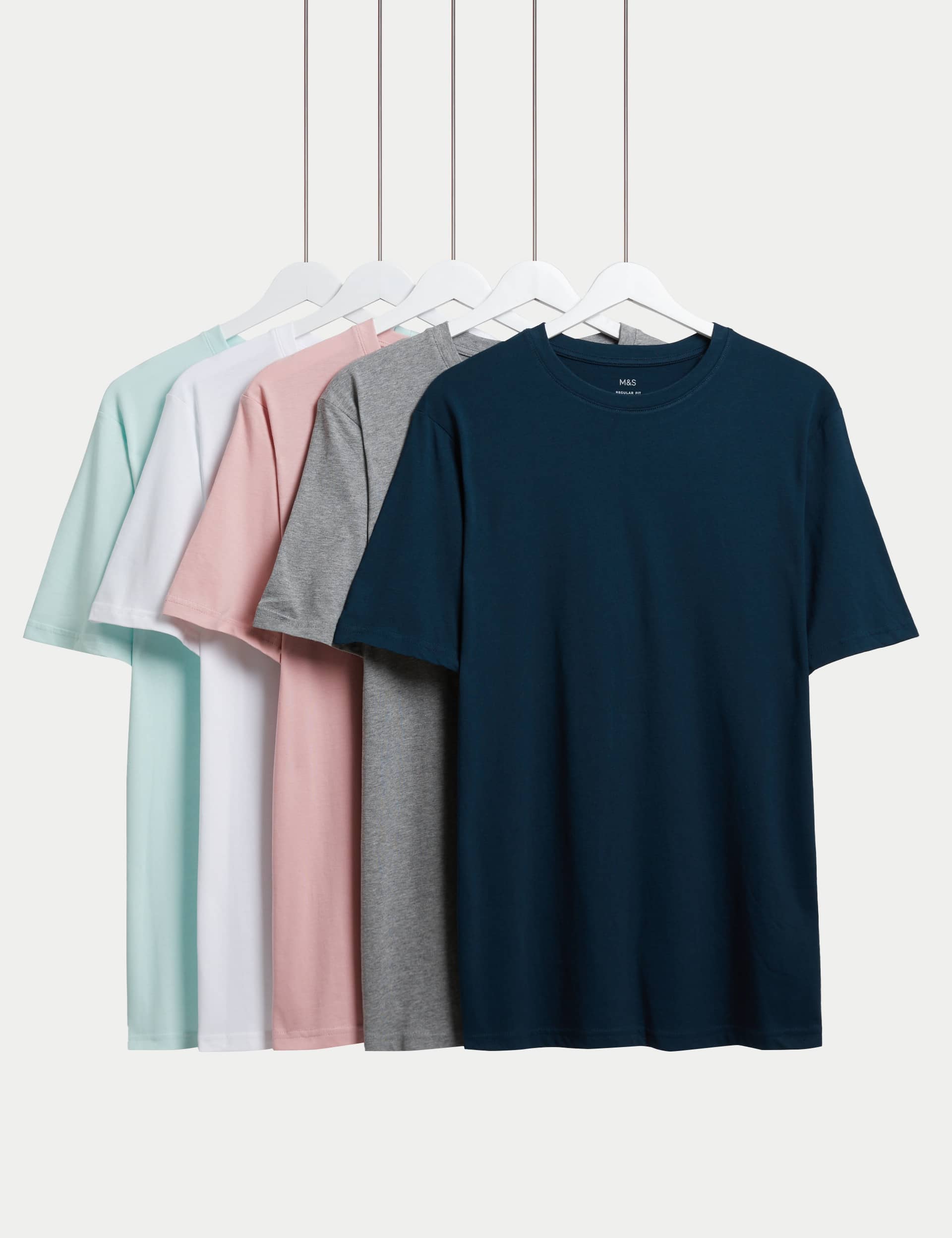 M&S Men's 5pk Pure Cotton Crew Neck T-Shirts - LREG - Colour Mix, Navy Mix,Colour Mix,White