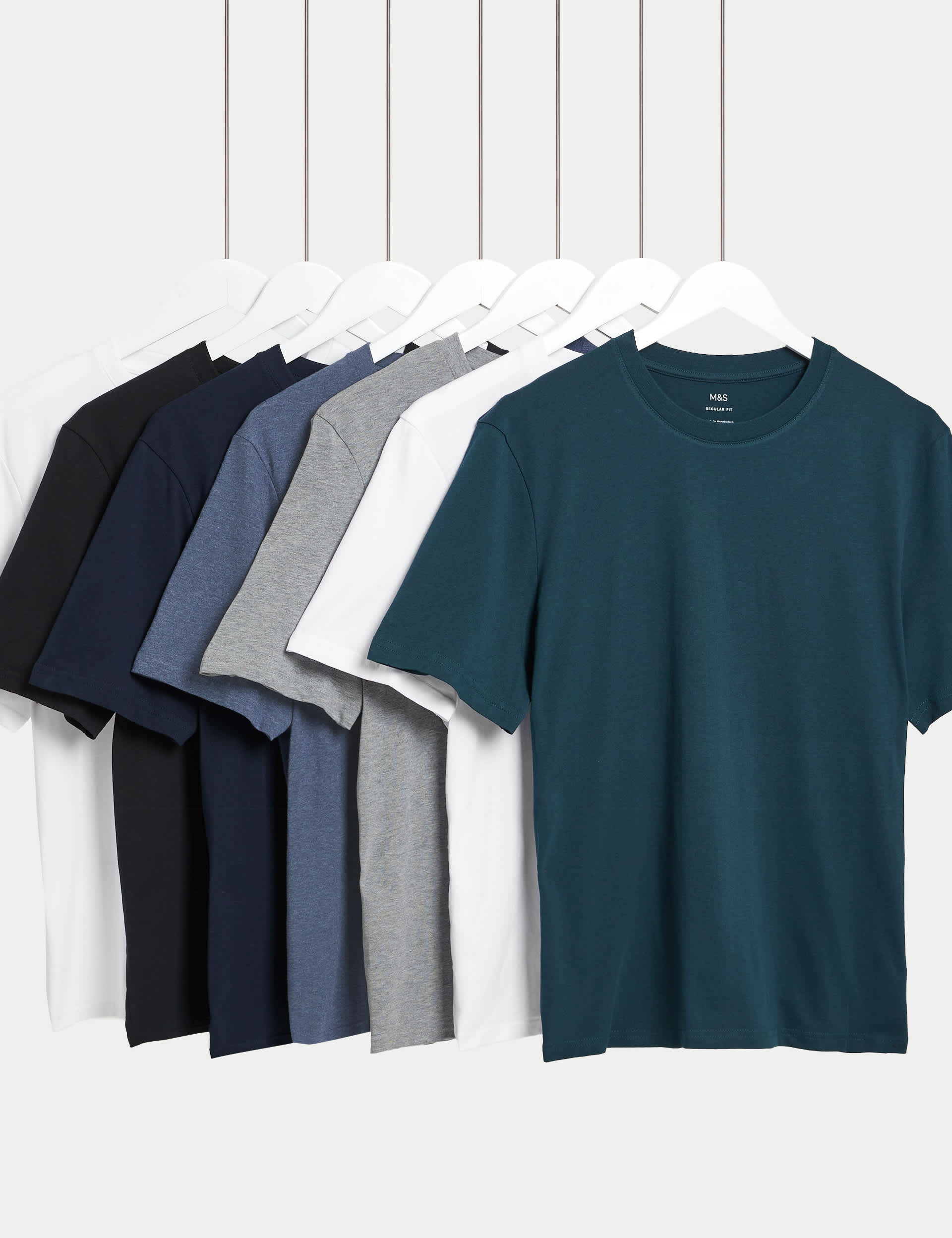 M&S Men's 7pk Pure Cotton Crew Neck T-Shirts - MREG - White Mix, White Mix,Colour Mix,White,Turquois