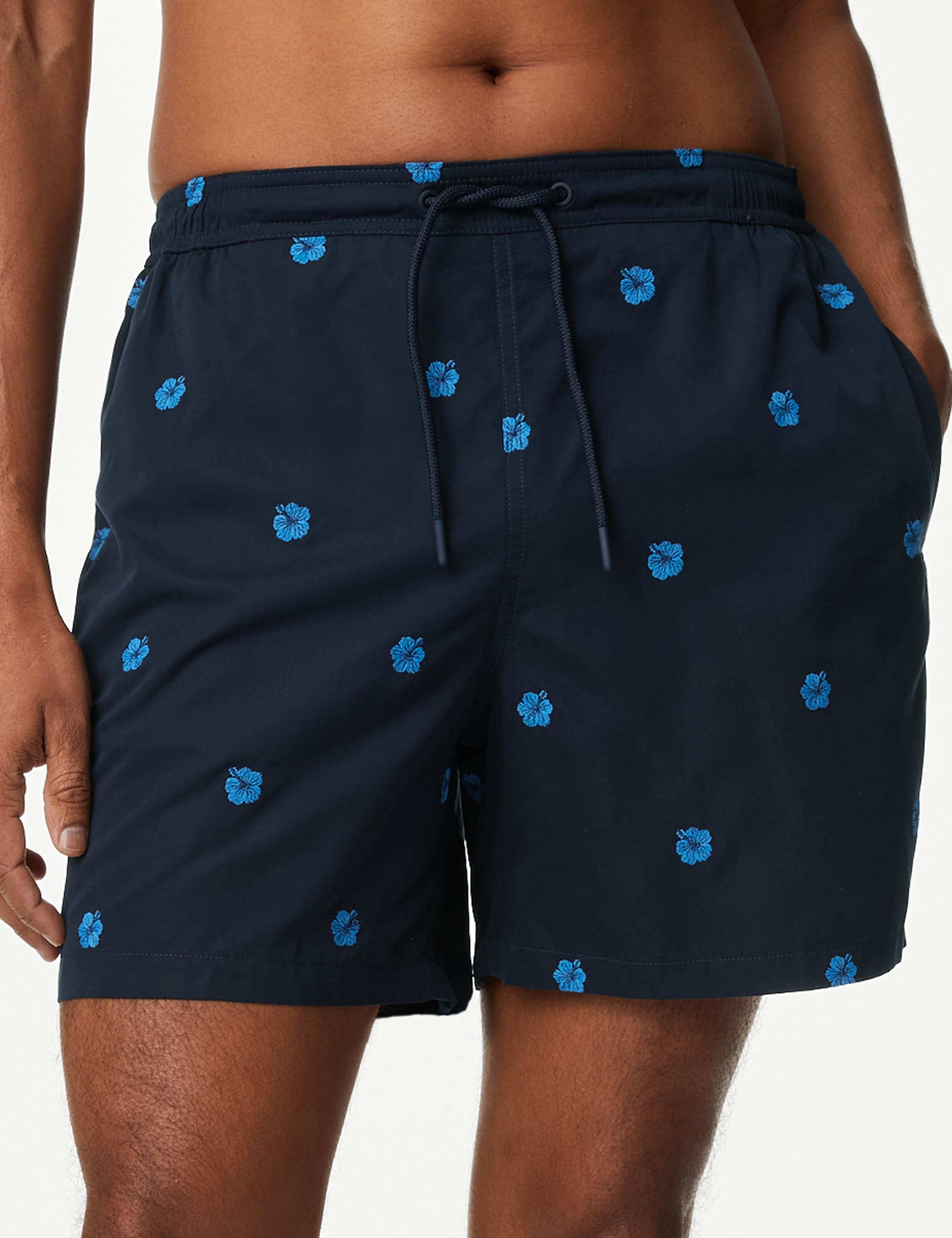 M&S Men's Quick Dry Swim Shorts - L - Dark Navy, Dark Navy,Pale Blue