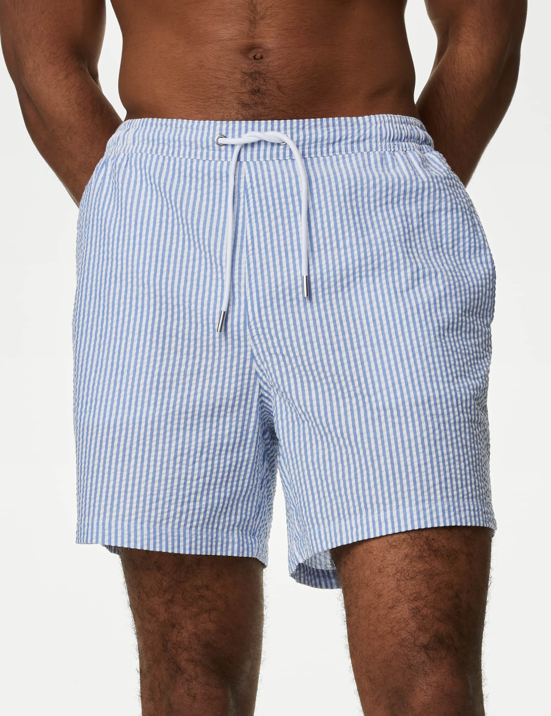 M&S Men's Quick Dry Seersucker Swim Shorts - MREG - Mid Blue, Mid Blue