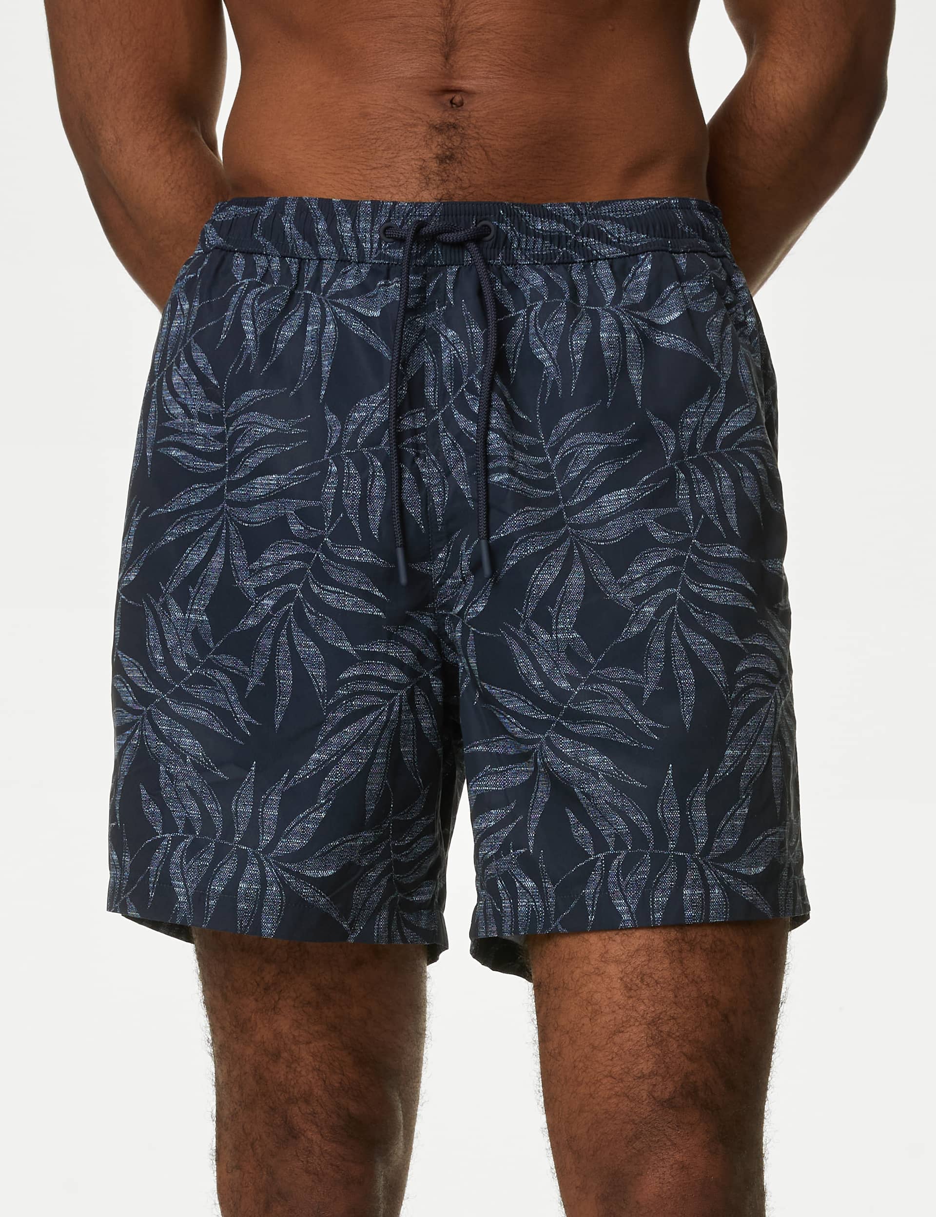 M&S Men's Quick Dry Palm Print Swim Shorts - LREG - Dark Navy, Dark Navy