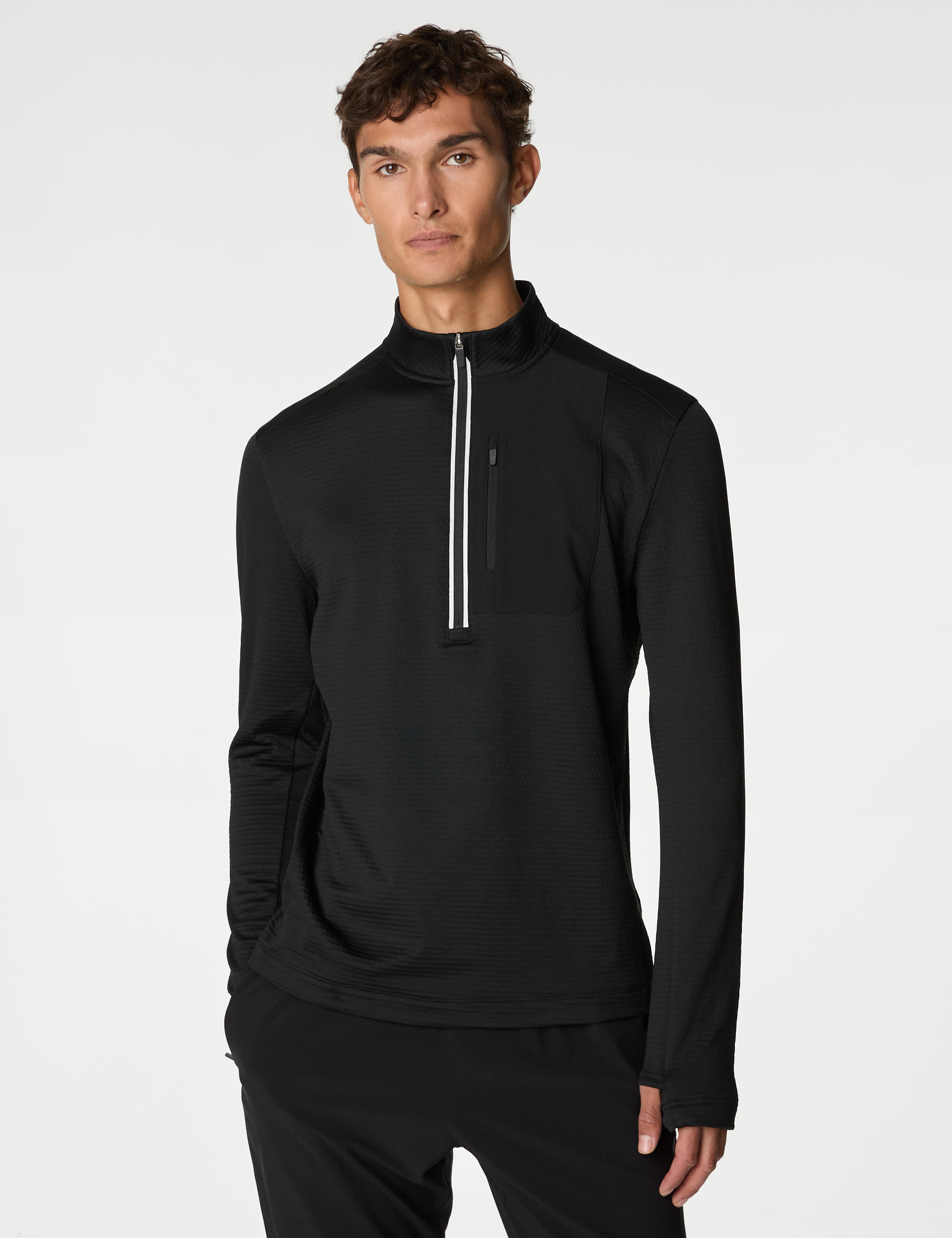 Goodmove Men's Half Zip Long Sleeve Top - LREG - Black, Black,Golden Brown