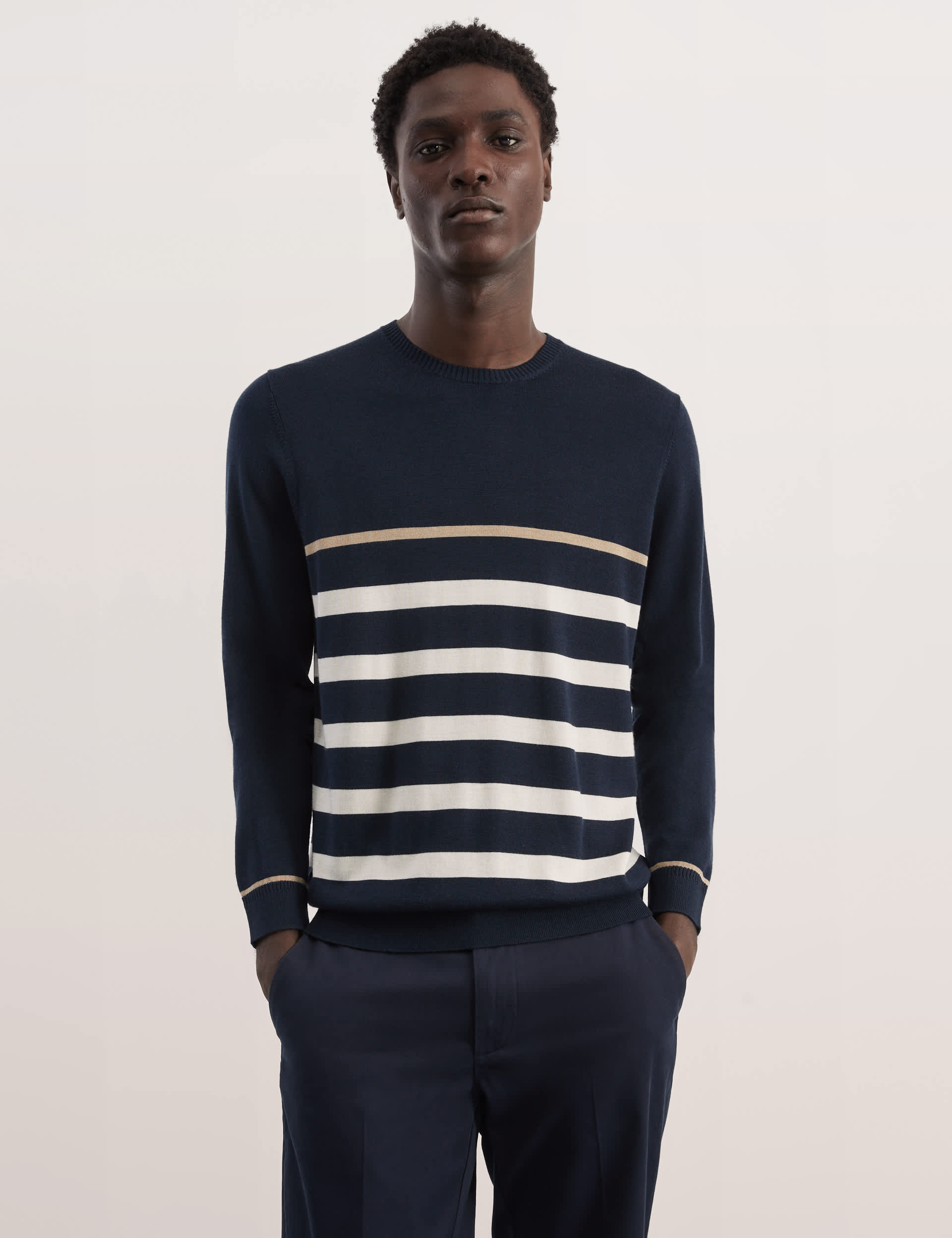 Jaeger Men's Merino Wool Rich Striped Knitted Jumper - LREG - Navy, Navy