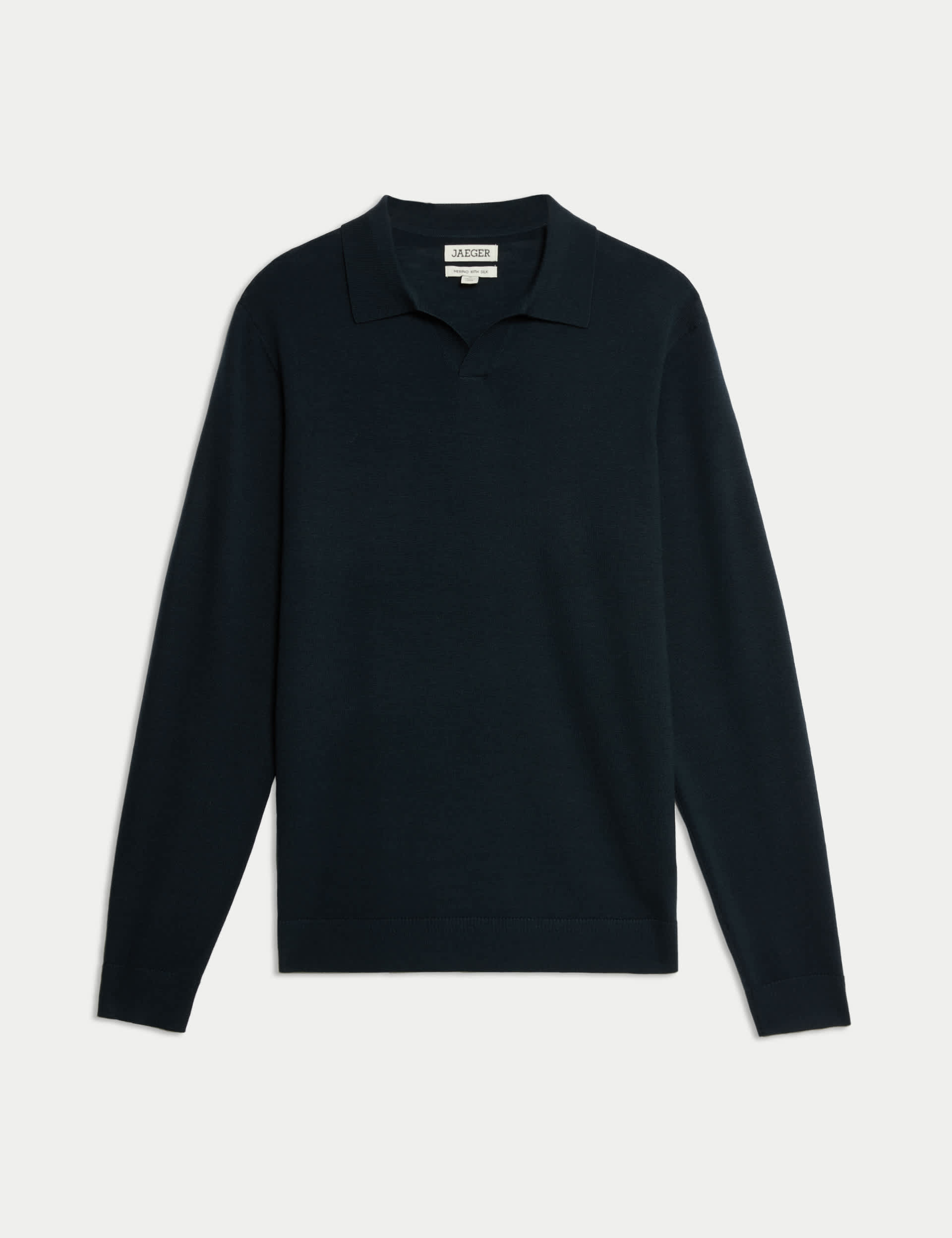 Jaeger Men's Merino Wool Rich with Silk Knitted Polo - LREG - Navy, Navy