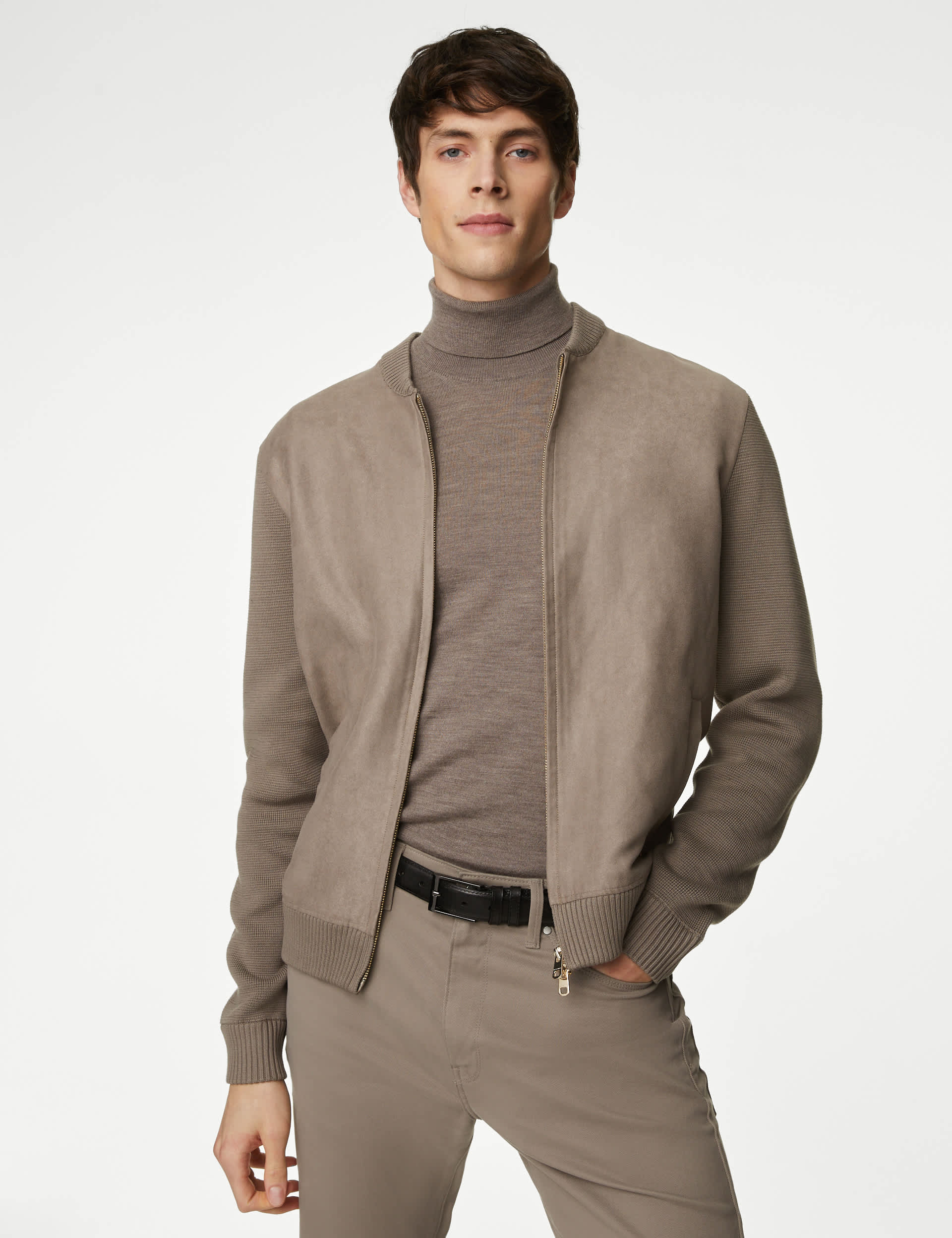 Autograph Men's Cotton Rich Zip Up Knitted Bomber - LREG - Taupe, Taupe