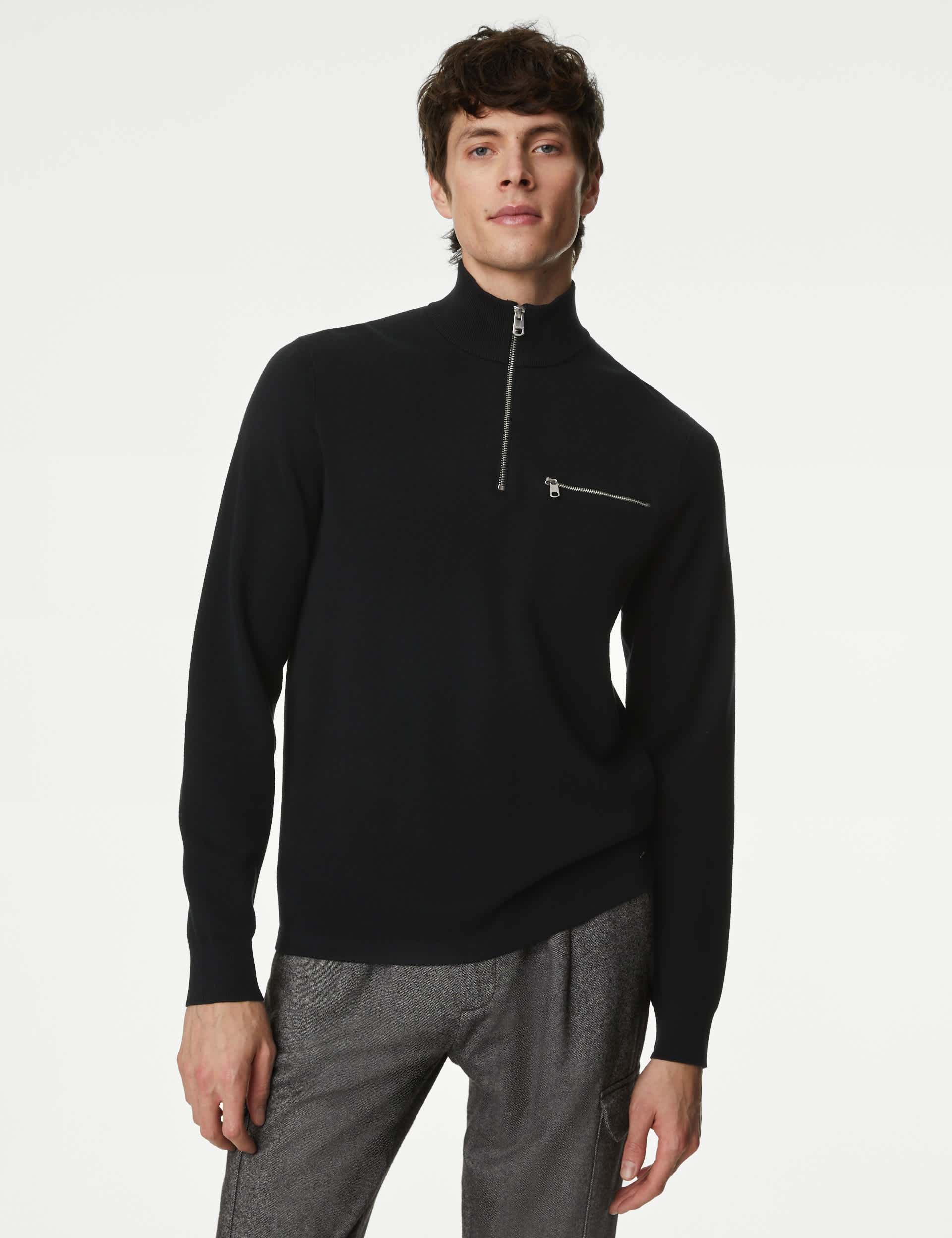 Autograph Men's Cotton Rich Funnel Neck Half Zip Jumper - MREG - Black, Black,Stone