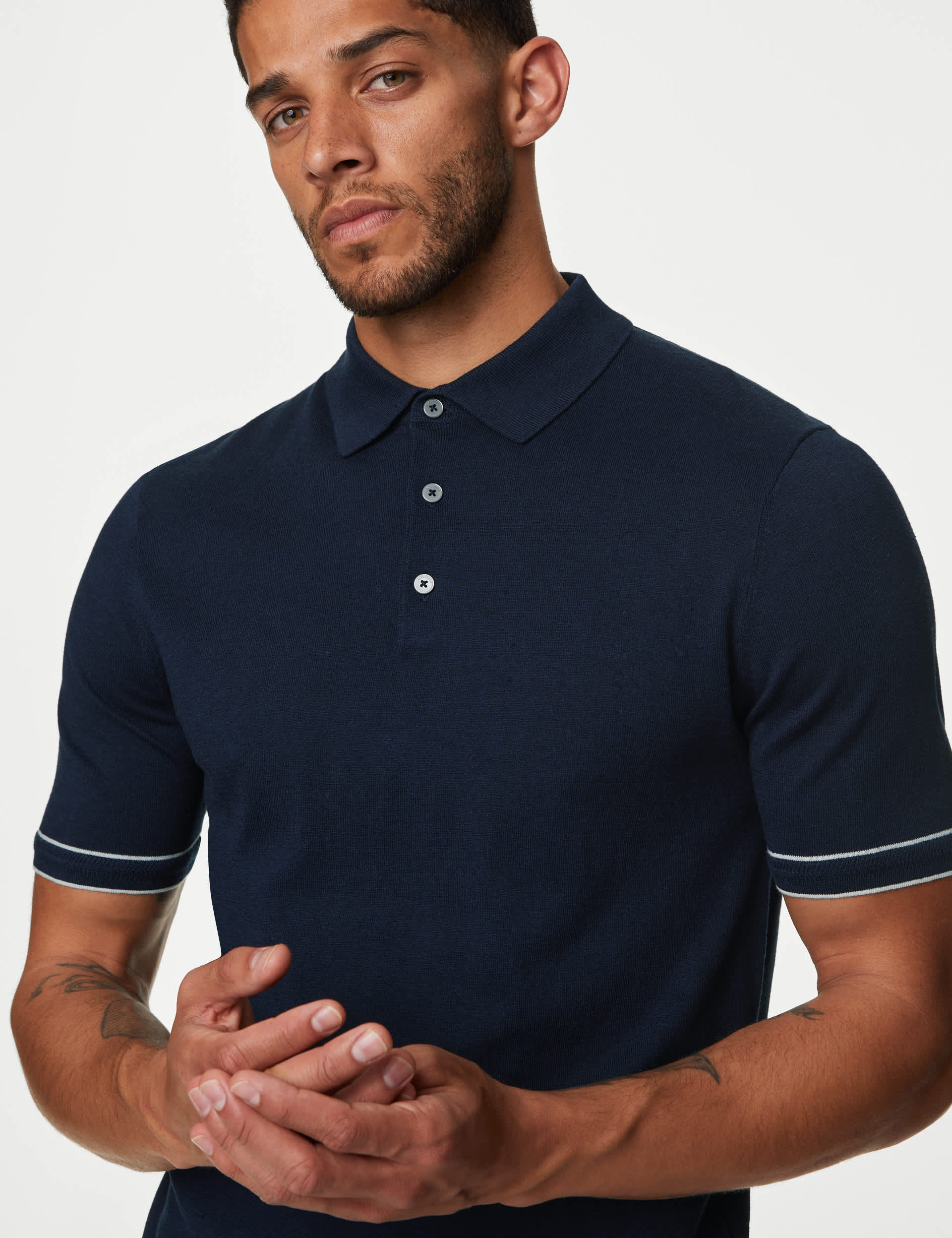 Autograph Men's Silk Cotton Knitted Polo Shirt - LREG - Dark Navy, Dark Navy,Black,Fawn