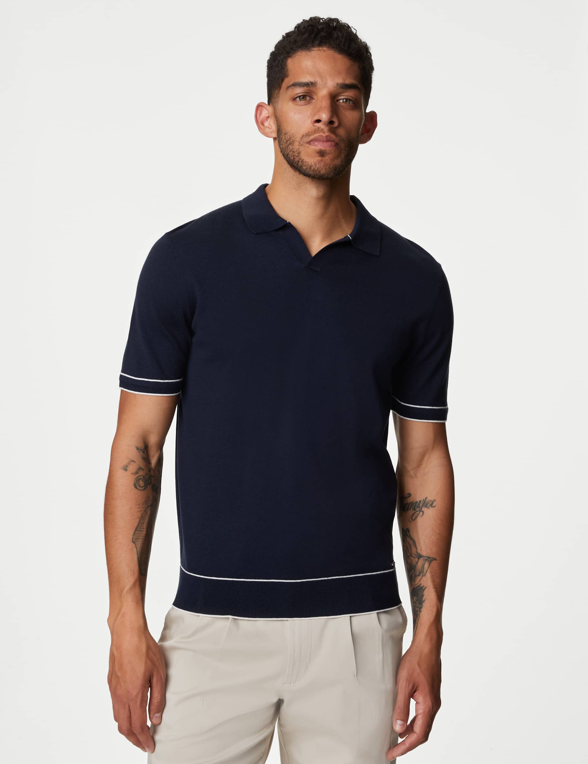 Autograph Men's Silk Cotton Knitted Polo Shirt - MREG - Dark Navy, Dark Navy