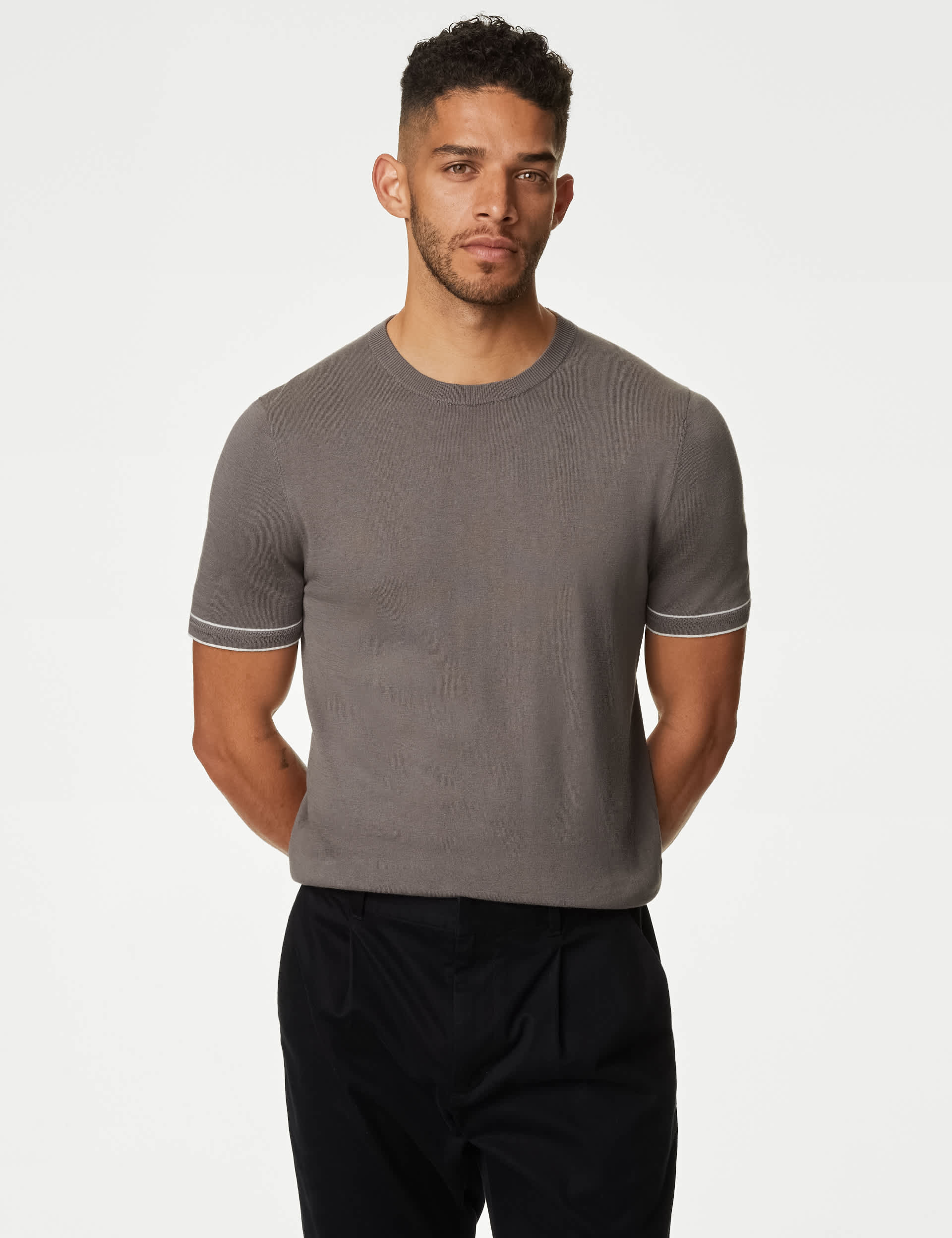 Autograph Men's Silk Cotton Crew Neck Knitted T-Shirt - LREG - Taupe, Black,Ivory,Taupe,Dark Navy