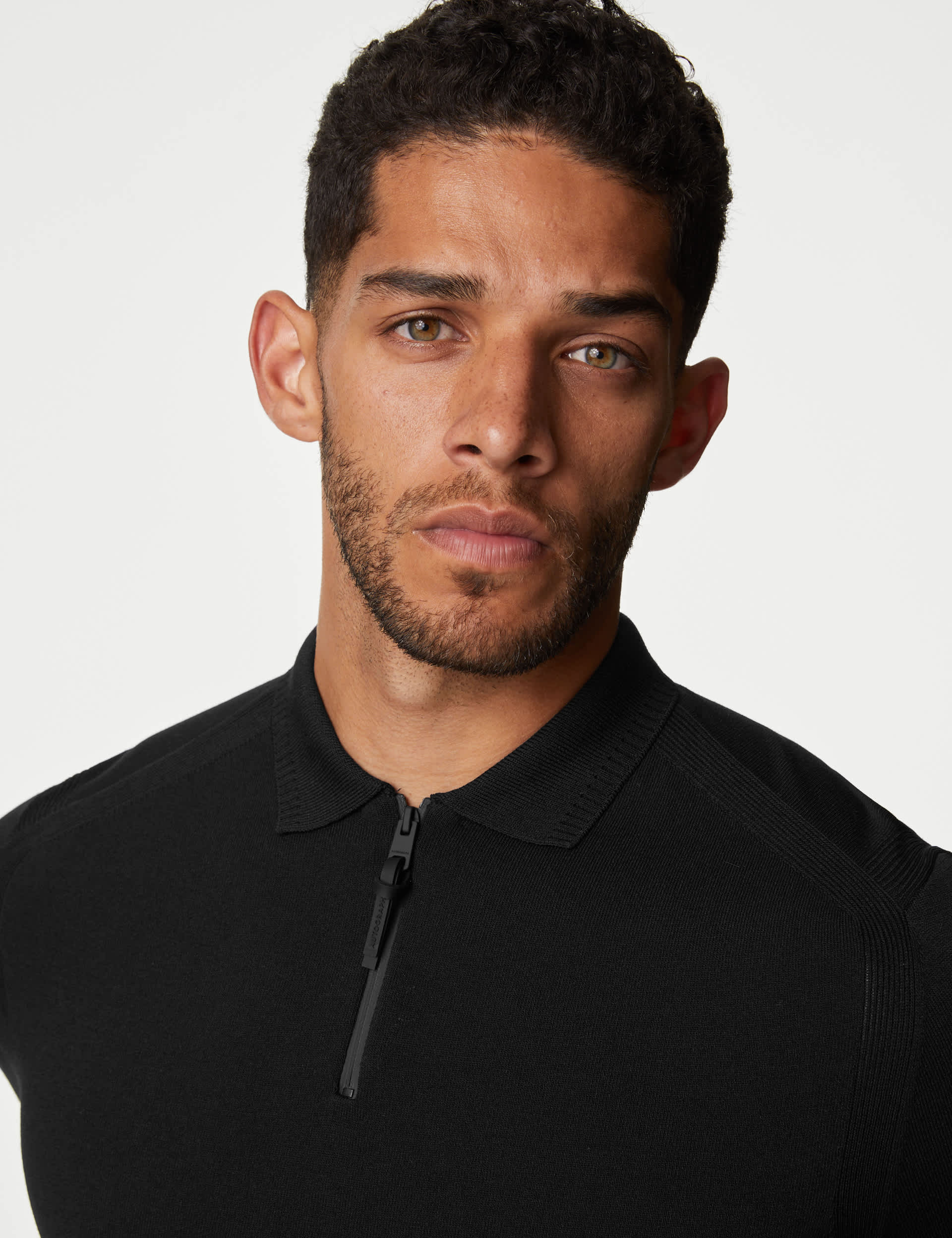 Autograph Men's Performance Zip Up Knitted Polo Shirt - MREG - Black, White,Black