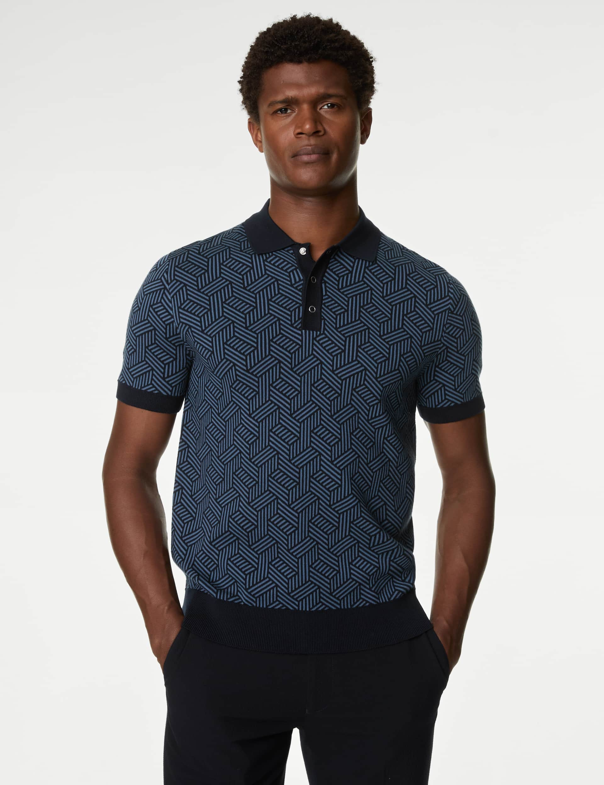 Autograph Men's Cotton Modal Zip Up Knitted Polo Shirt - MREG - Blue Mix, Blue Mix