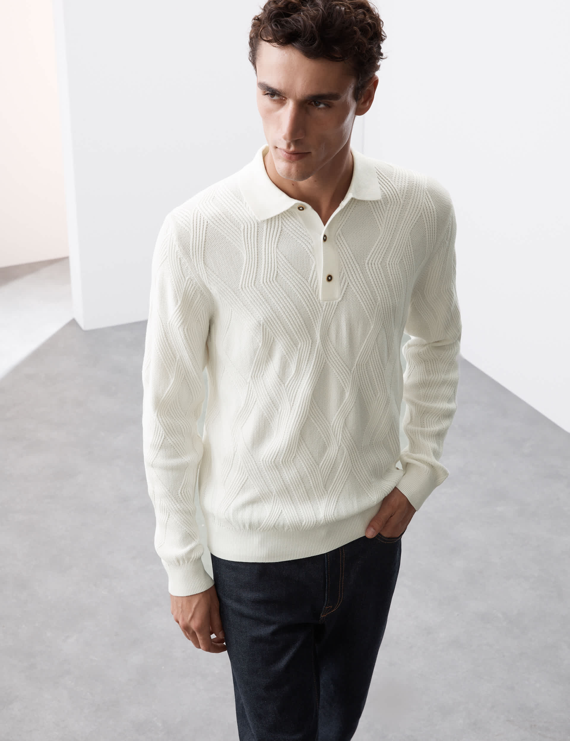 Autograph Men's Cotton Blend Long Sleeve Knitted Polo Shirt - MREG - Ivory, Ivory