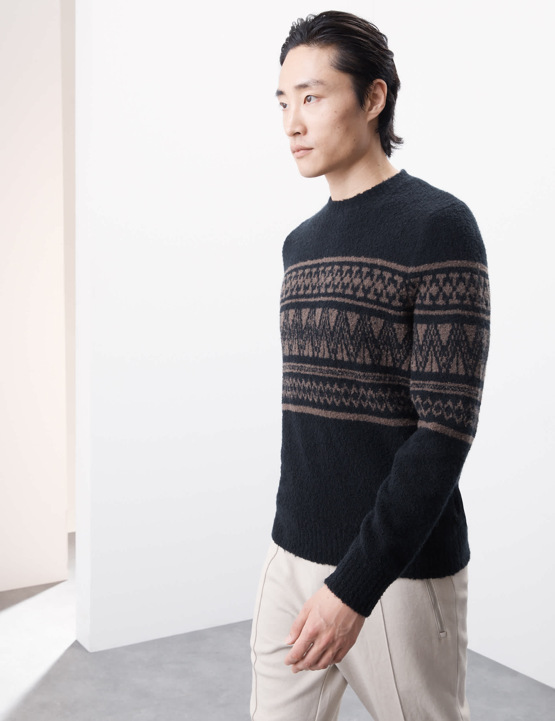 Autograph Men's Merino Wool Rich Fair Isle Crew Neck Jumper - MREG - Black Mix, Black Mix