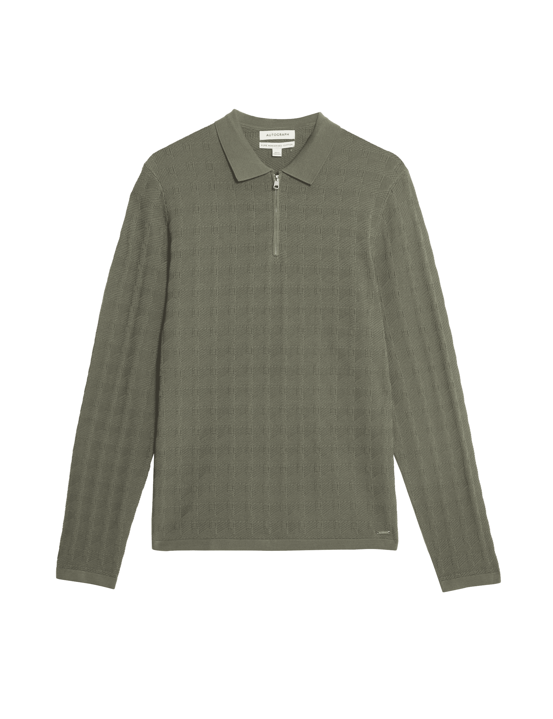 Autograph Men's Pure Cotton Textured Knitted Polo Shirt - LREG - Smokey Green, Smokey Green