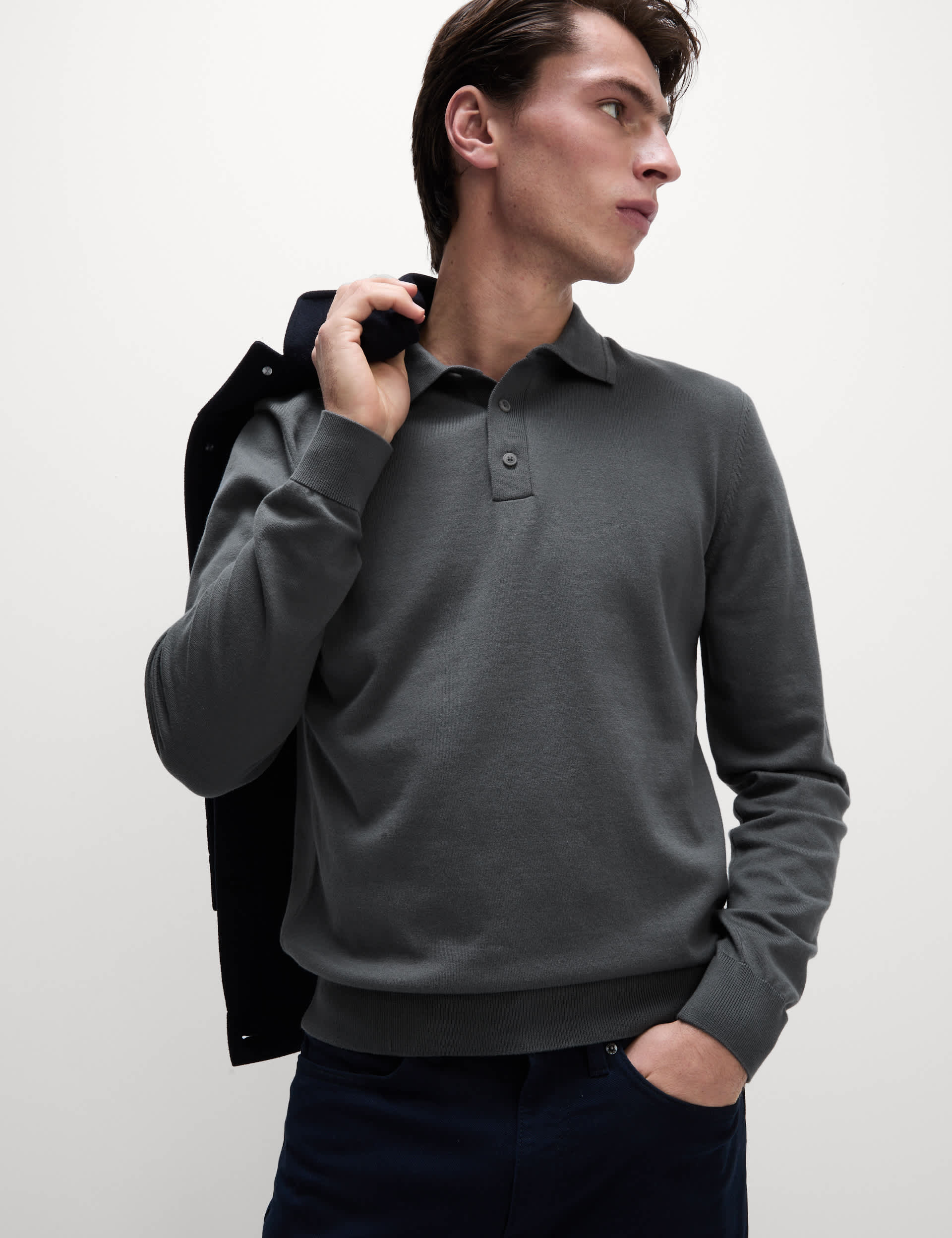 M&S Collection Men's Cotton Rich Knitted Polo Shirt - MREG - Dark Grey, Dark Grey,Khaki,Claret,Dark 