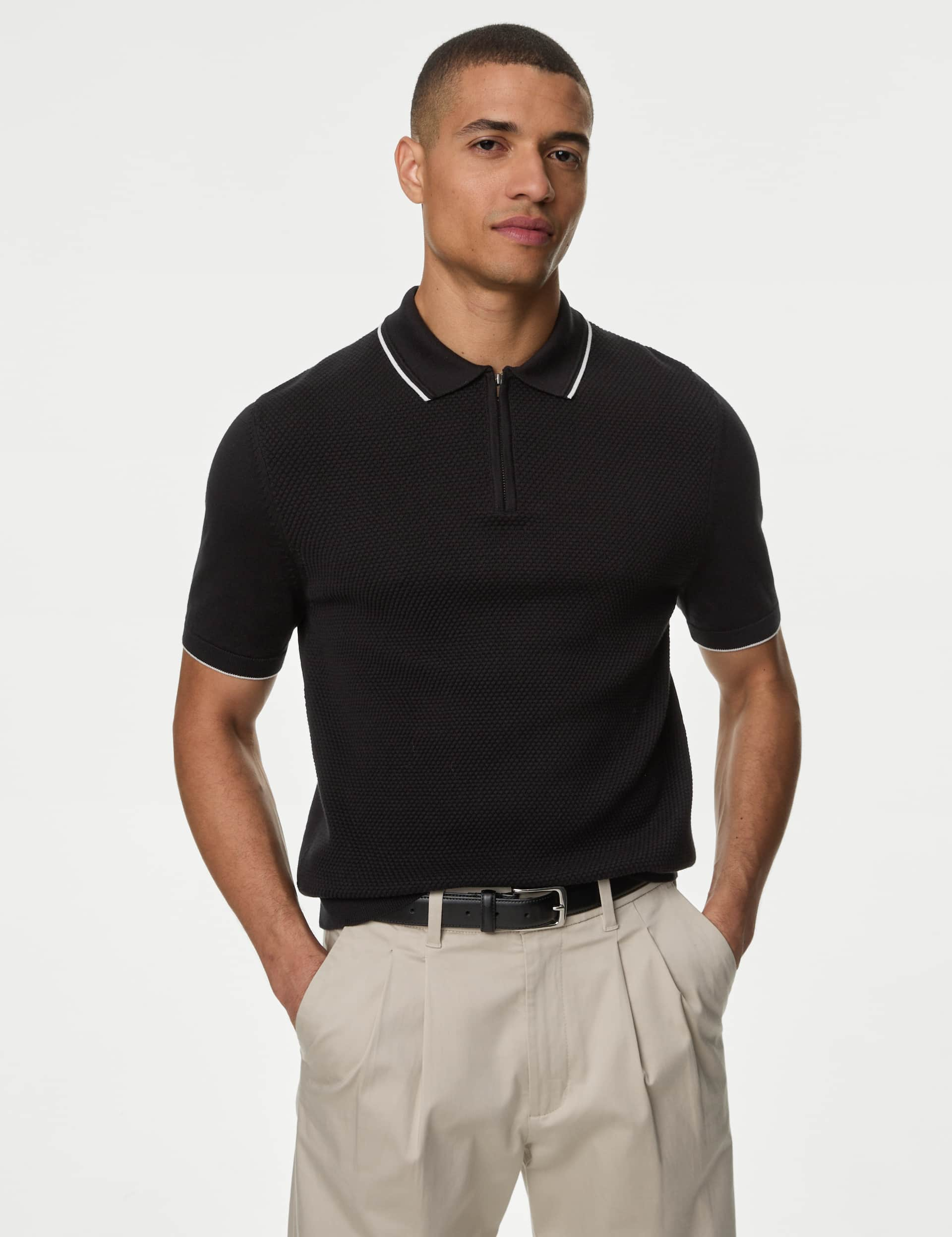 M&S Men's Cotton Rich Textured Knitted Polo Shirt - LREG - Black, Black