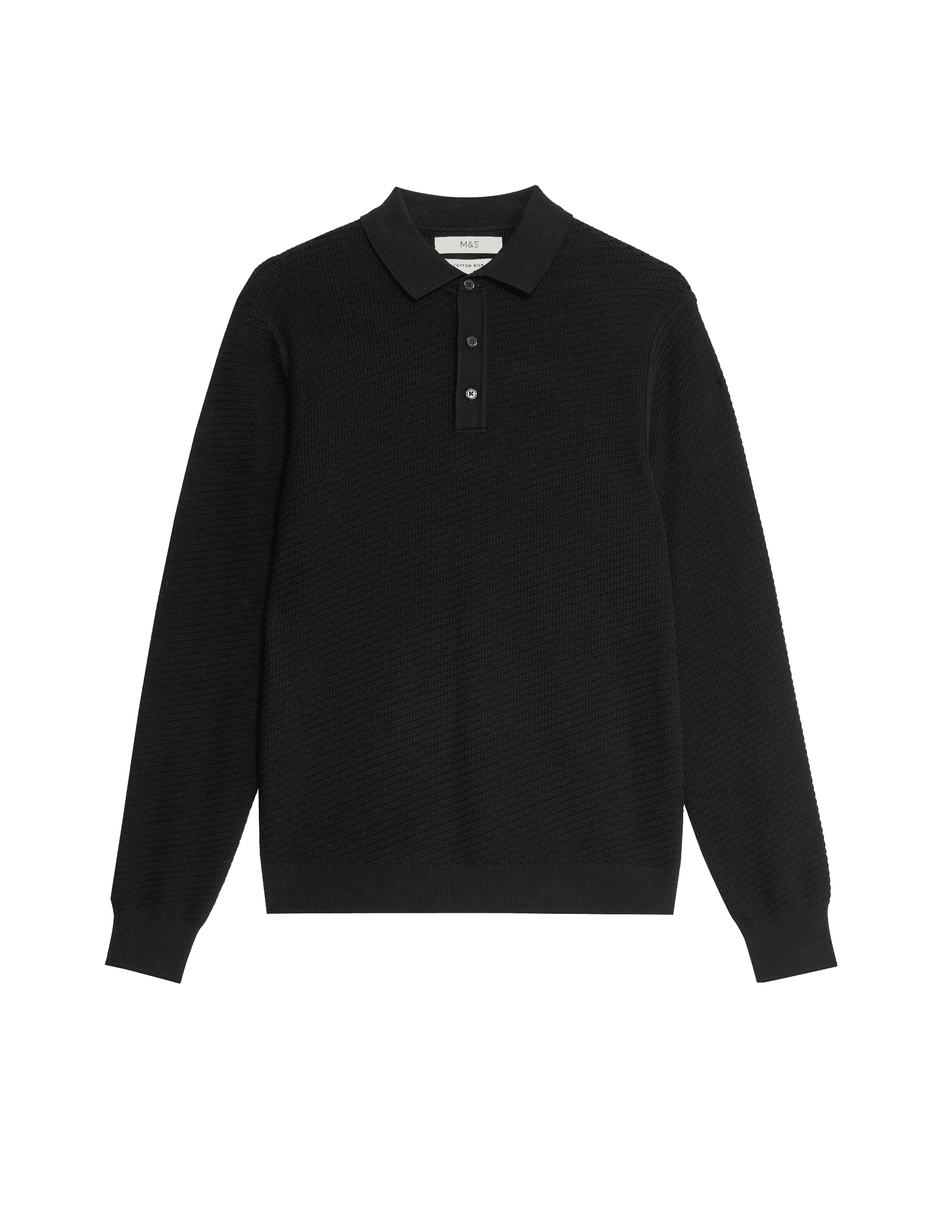 M&S Collection Men's Cotton Rich Textured Knitted Polo Shirt - LREG - Black, Sand,Black