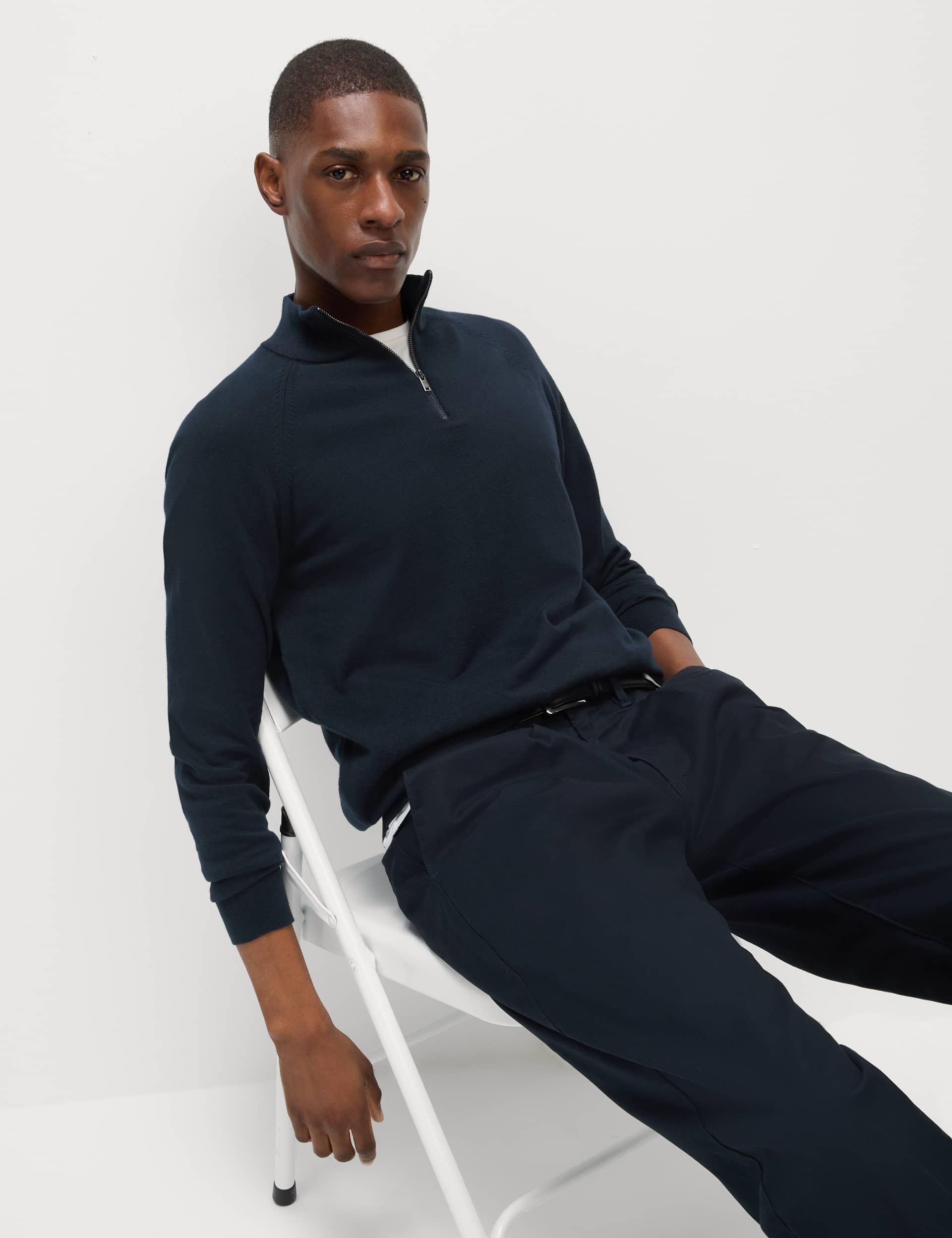 M&S Collection Men's Cotton Rich Half Zip Jumper - XXXXLLNG - Dark Navy, Black,Dark Khaki,Dark Navy,