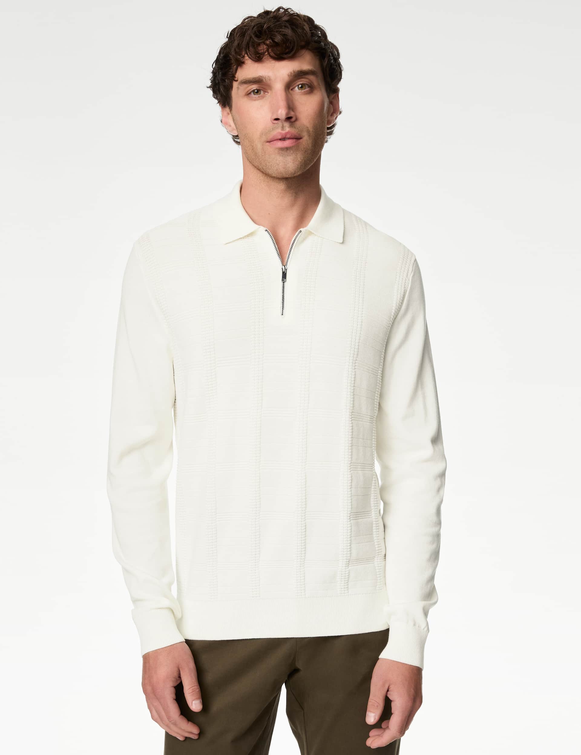 M&S Men's Pure Cotton Textured Knitted Polo Shirt