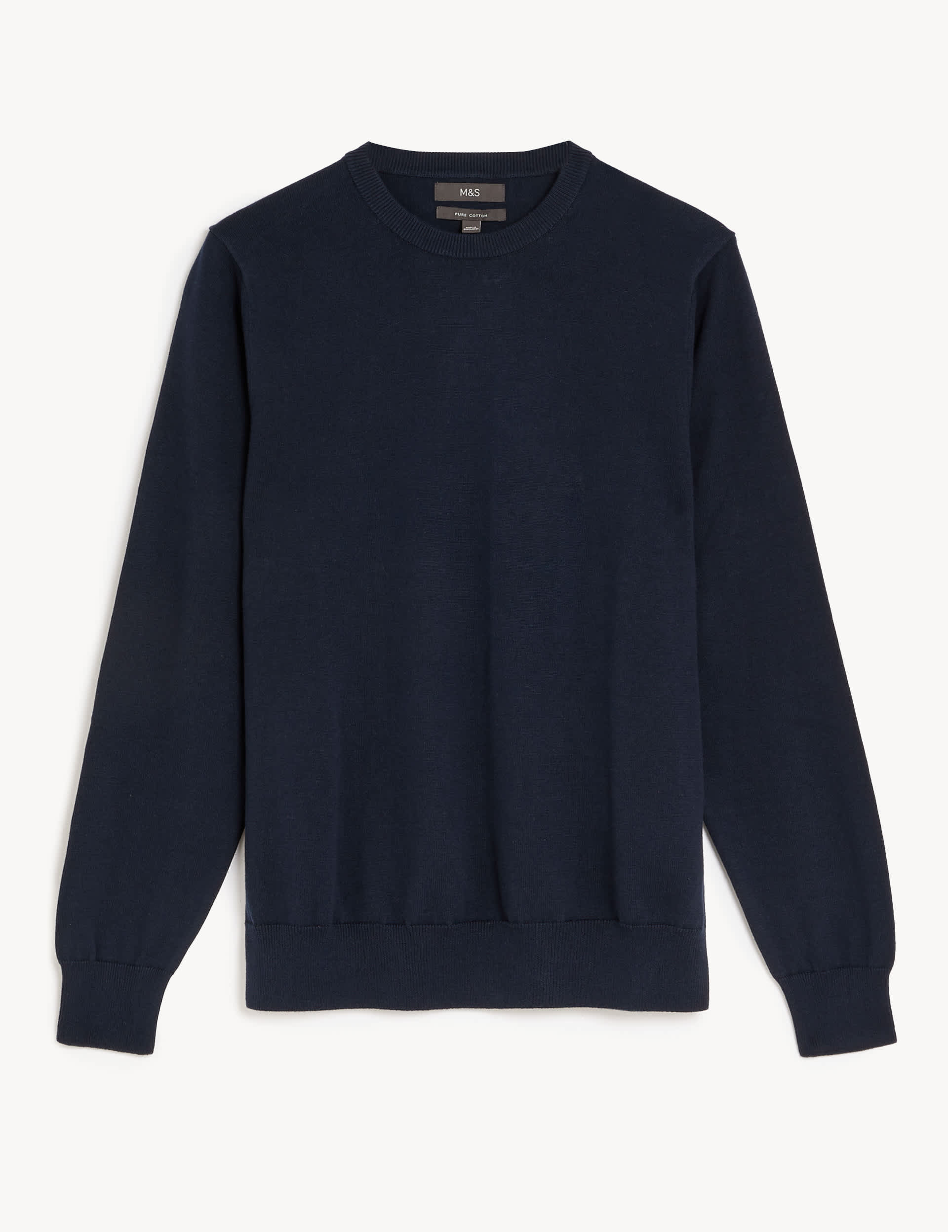 M&S Men's Pure Cotton Crew Neck Jumper - LREG - Navy, Beige,Navy,Black,Light Denim,Burnt Orange,Dust