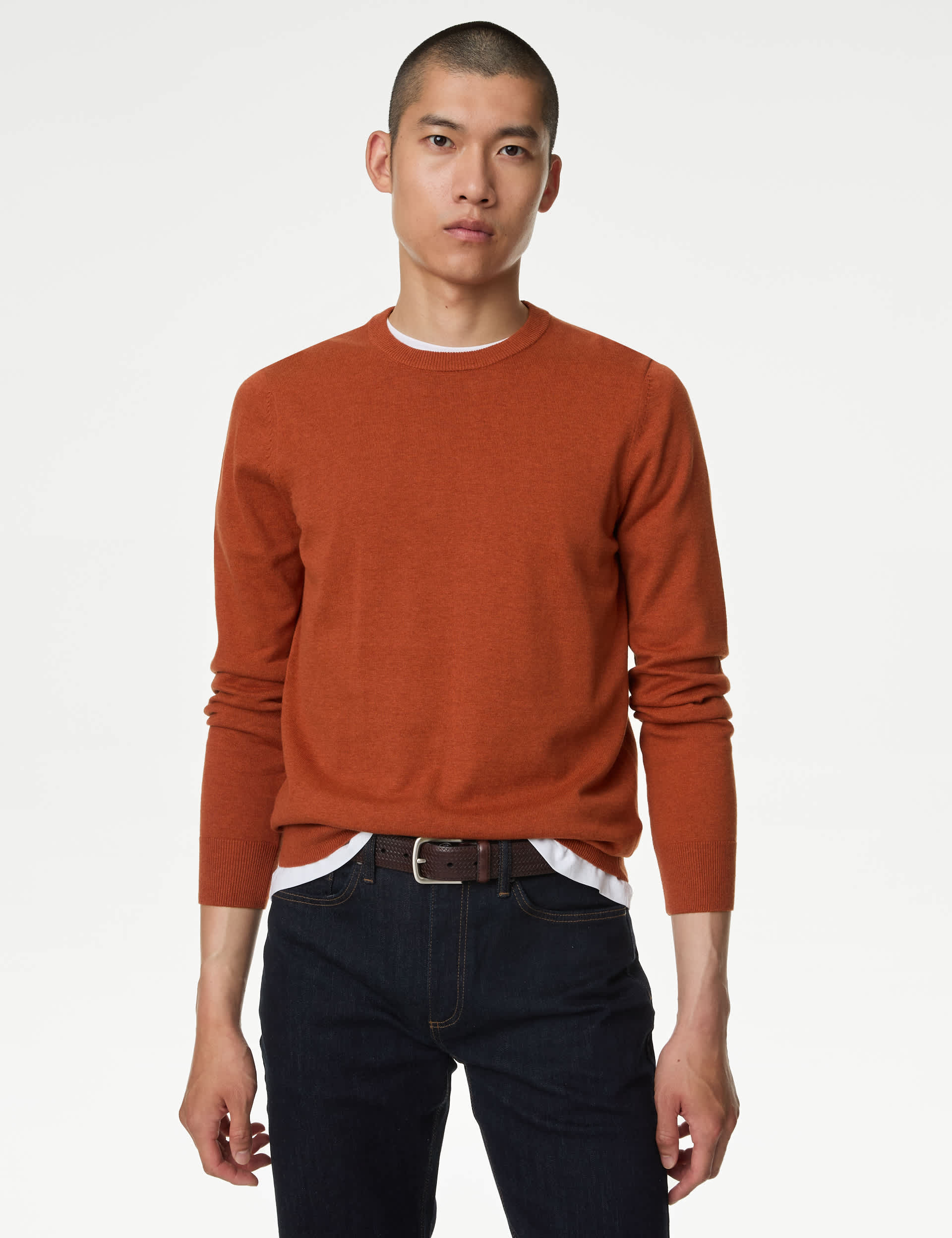 M&S Men's Pure Cotton Crew Neck Jumper - LREG - Burnt Orange, Beige,Navy,Black,Light Denim,Burnt Ora