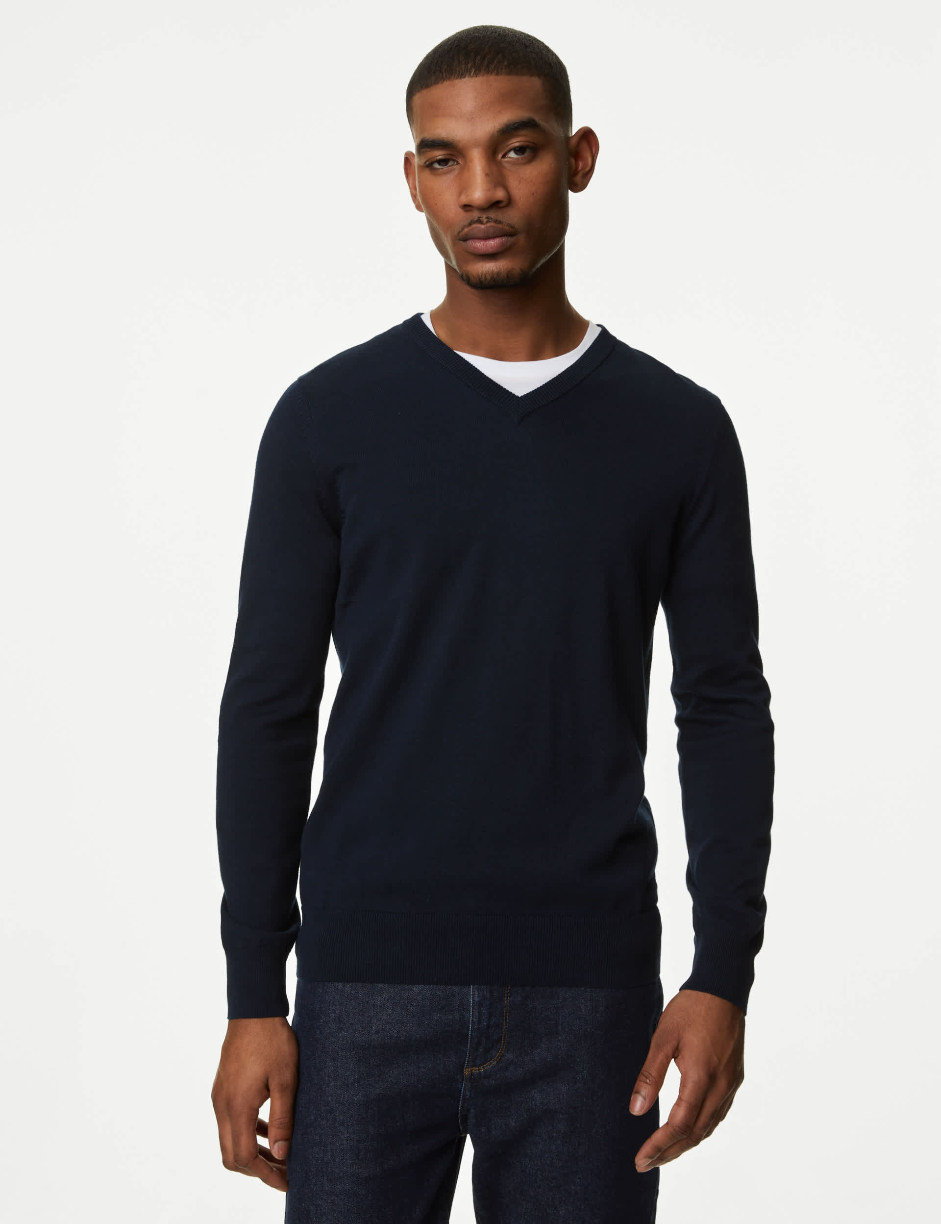 M&S Men's Pure Cotton V-Neck Knitted Jumper - LREG - Navy, Navy,Black,Beige,Dark Pewter,Raisin,Air F