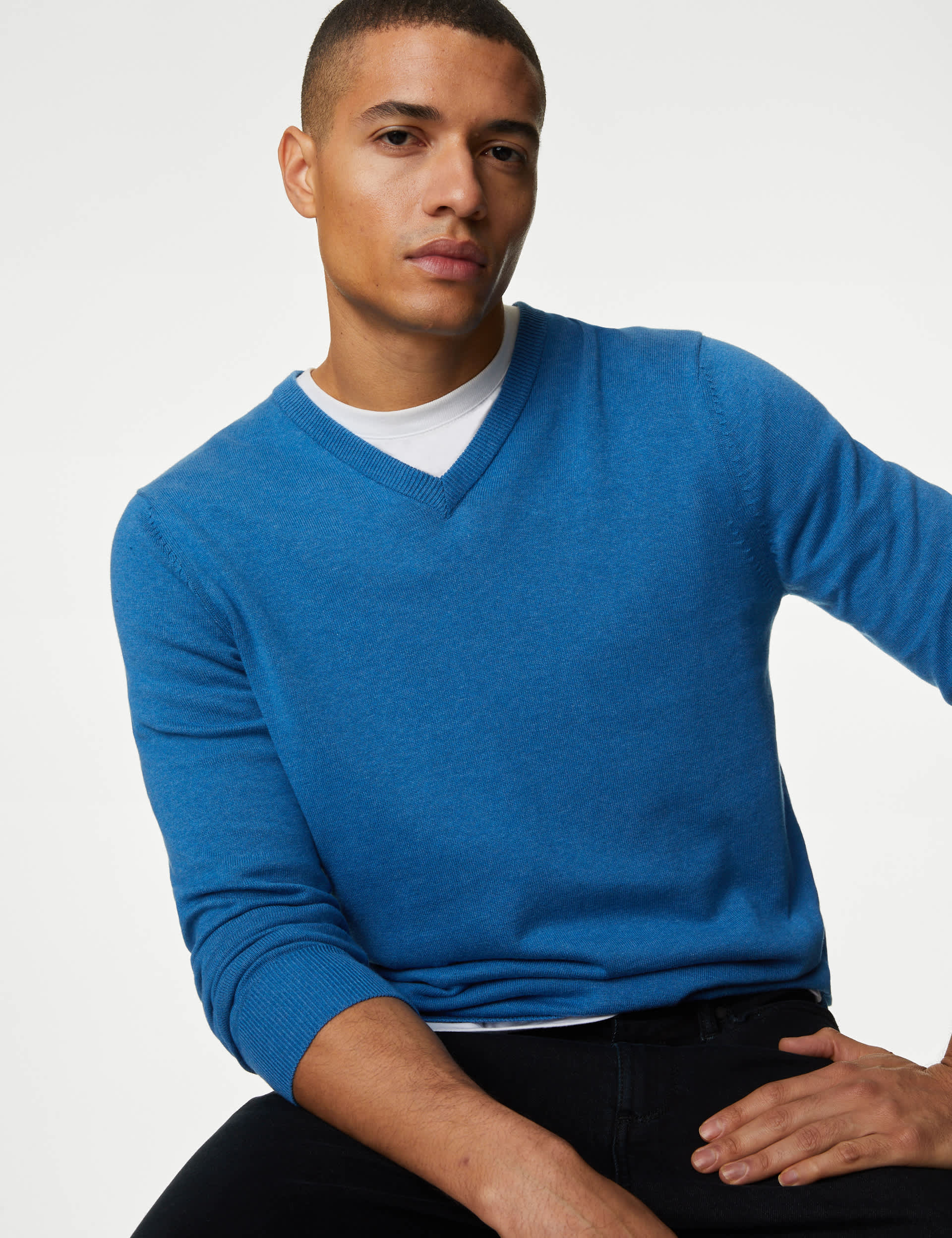 M&S Men's Pure Cotton V-Neck Knitted Jumper - LREG - Periwinkle, Periwinkle,Navy,Black,Beige,Chestnu