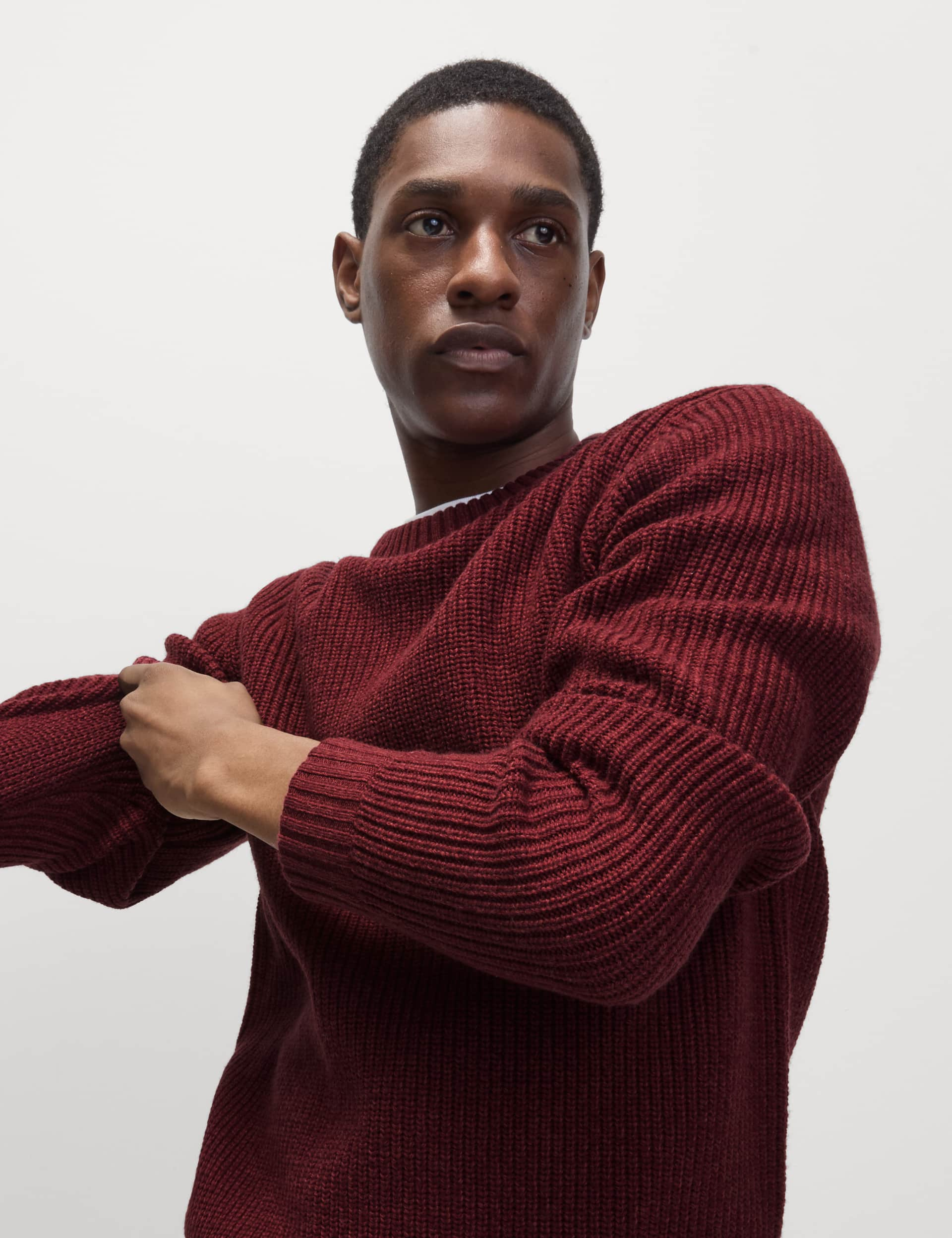 M&S Men's Lambswool Blend Textured Crew Neck Jumper - LREG - Bordeaux, Bordeaux,Khaki Mix,Navy