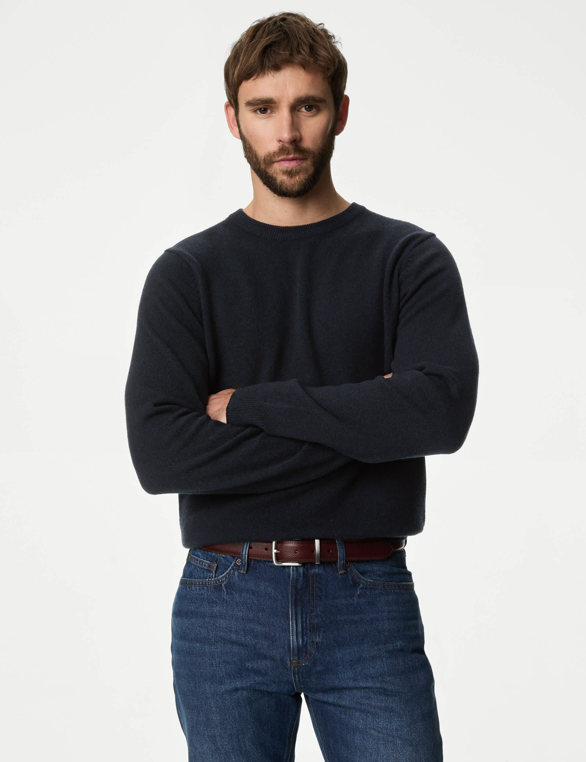 M&S Men's Pure Extra Fine Lamsbwool Crew Neck Jumper - LREG - Dark Navy, Black,Pale Blue,Dusky Pink,