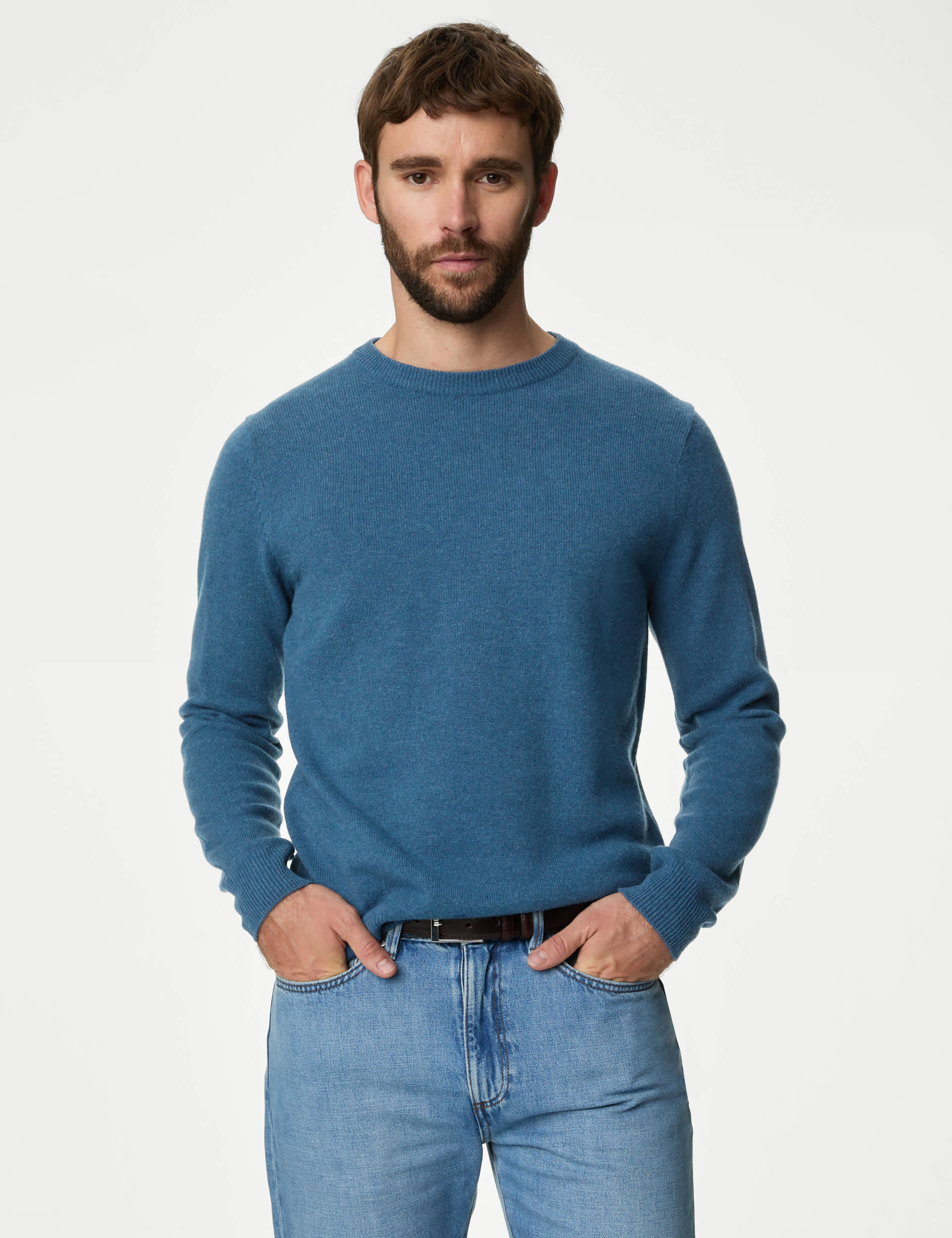 M&S Men's Pure Extra Fine Lamsbwool Crew Neck Jumper - LREG - Light Denim, Black,Dusky Pink,Charcoal