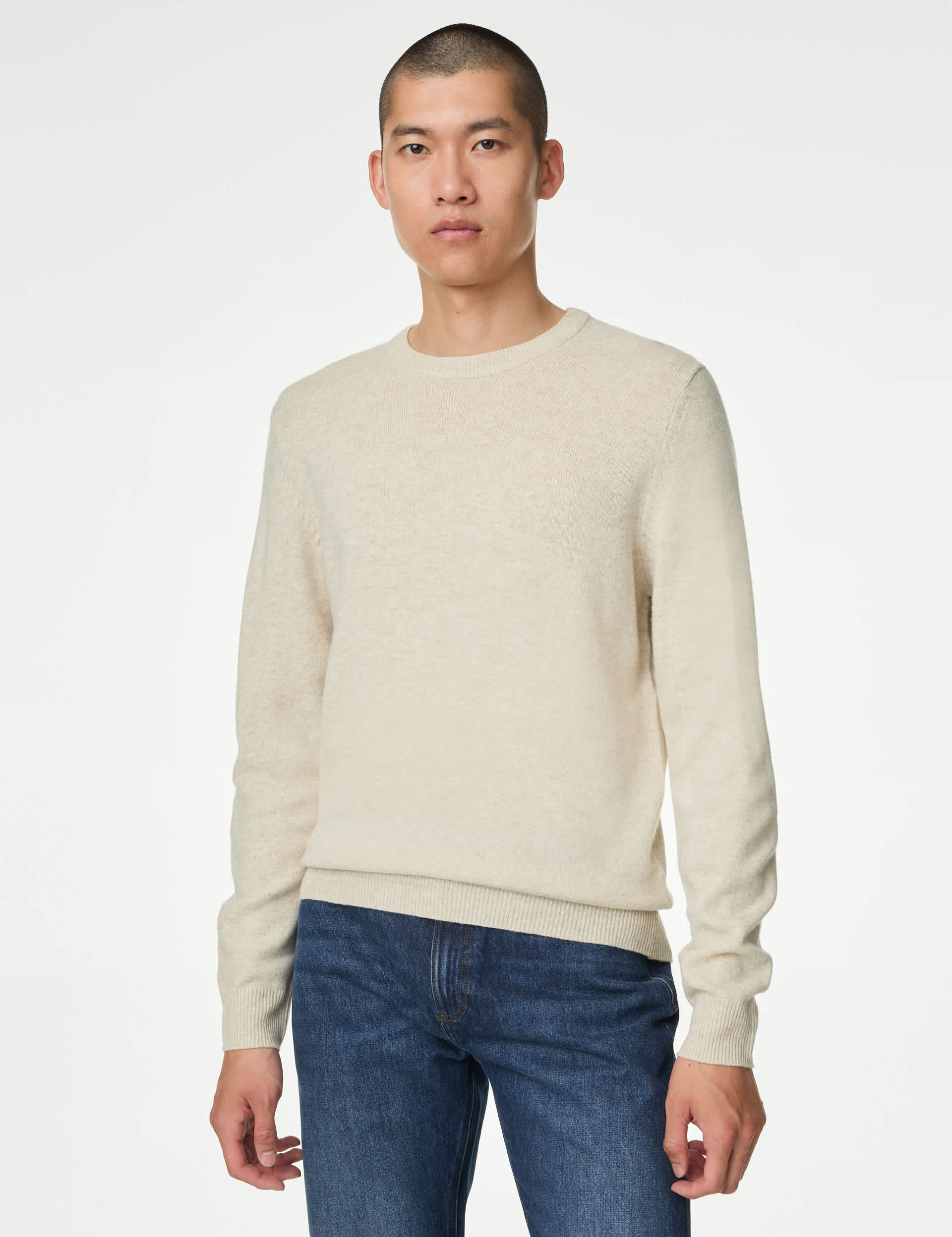 M&S Men's Pure Extra Fine Lamsbwool Crew Neck Jumper - LREG - Ecru, Black,Pale Blue,Charcoal Mix,Dar