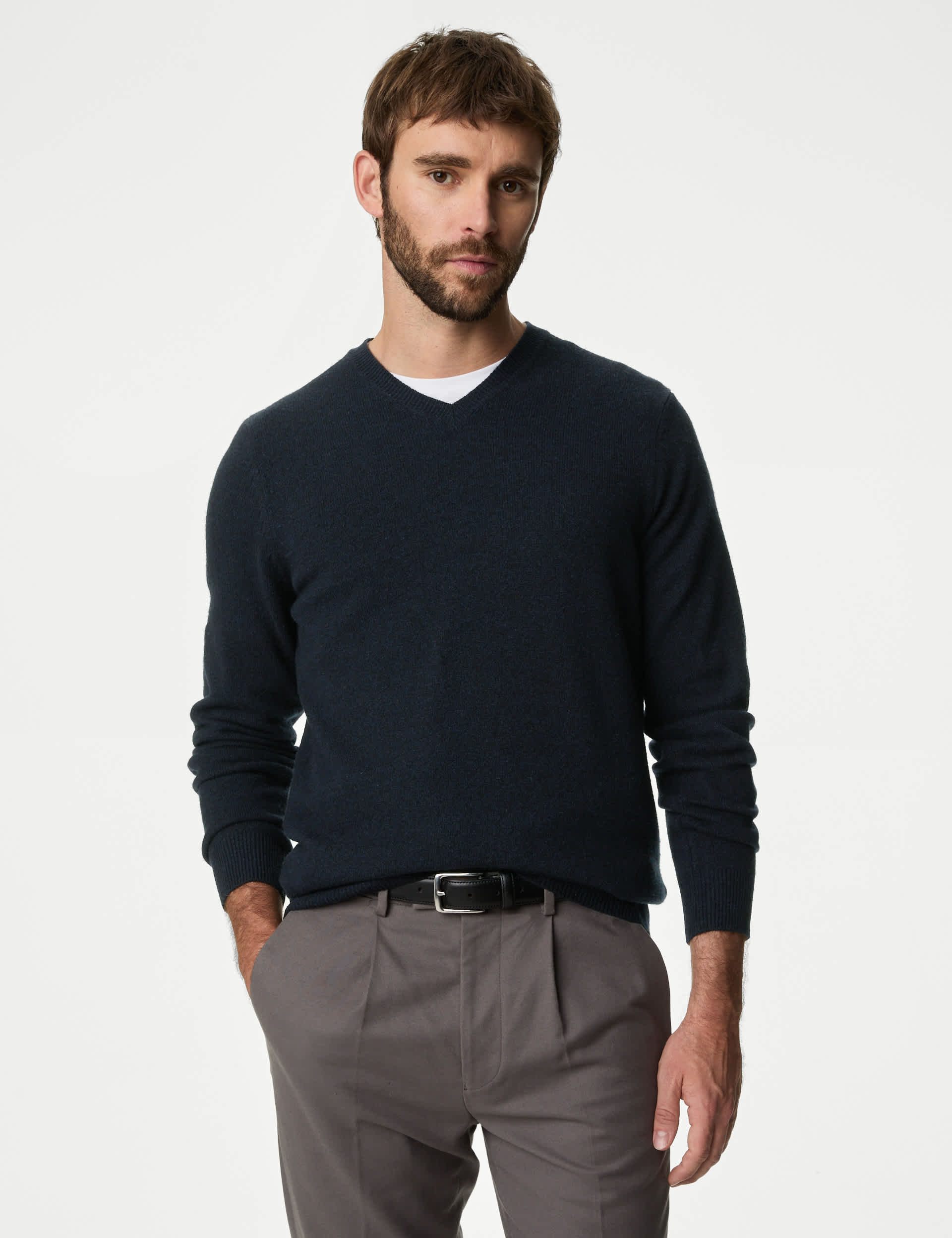 M&S Collection Men's Pure Extra Fine Lamsbwool V-Neck Jumper - LREG - Dark Navy, Neutral,Dark Navy,L