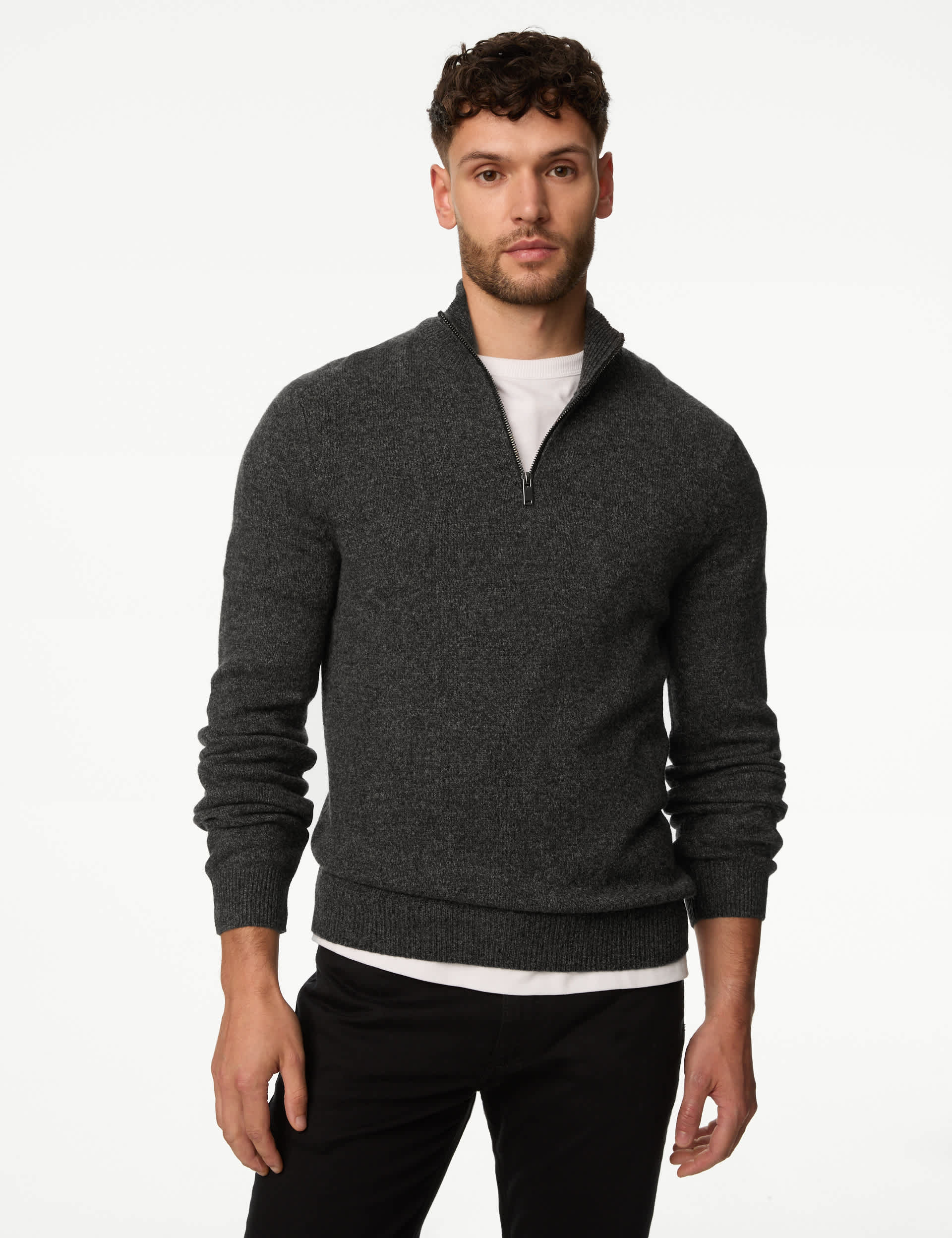 M&S Men's Extra Fine Lambswool Rich Jumper - LREG - Charcoal Mix, Dark Navy,Charcoal Mix,Neutral,Lig