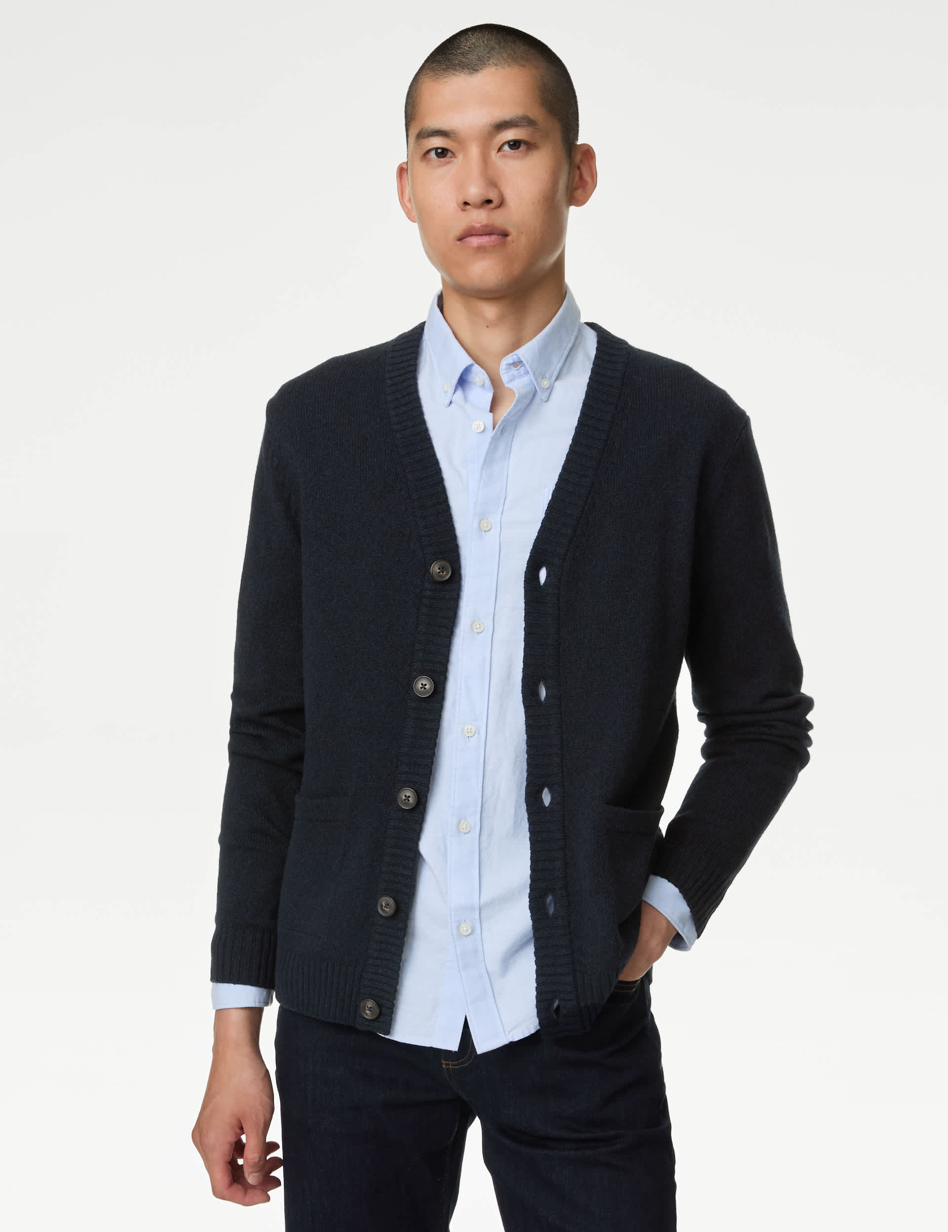 M&S Men's Extra Fine Lambswool Rich V-Neck Cardigan - LREG - Dark Navy, Charcoal,Dark Navy,Khaki,Lig